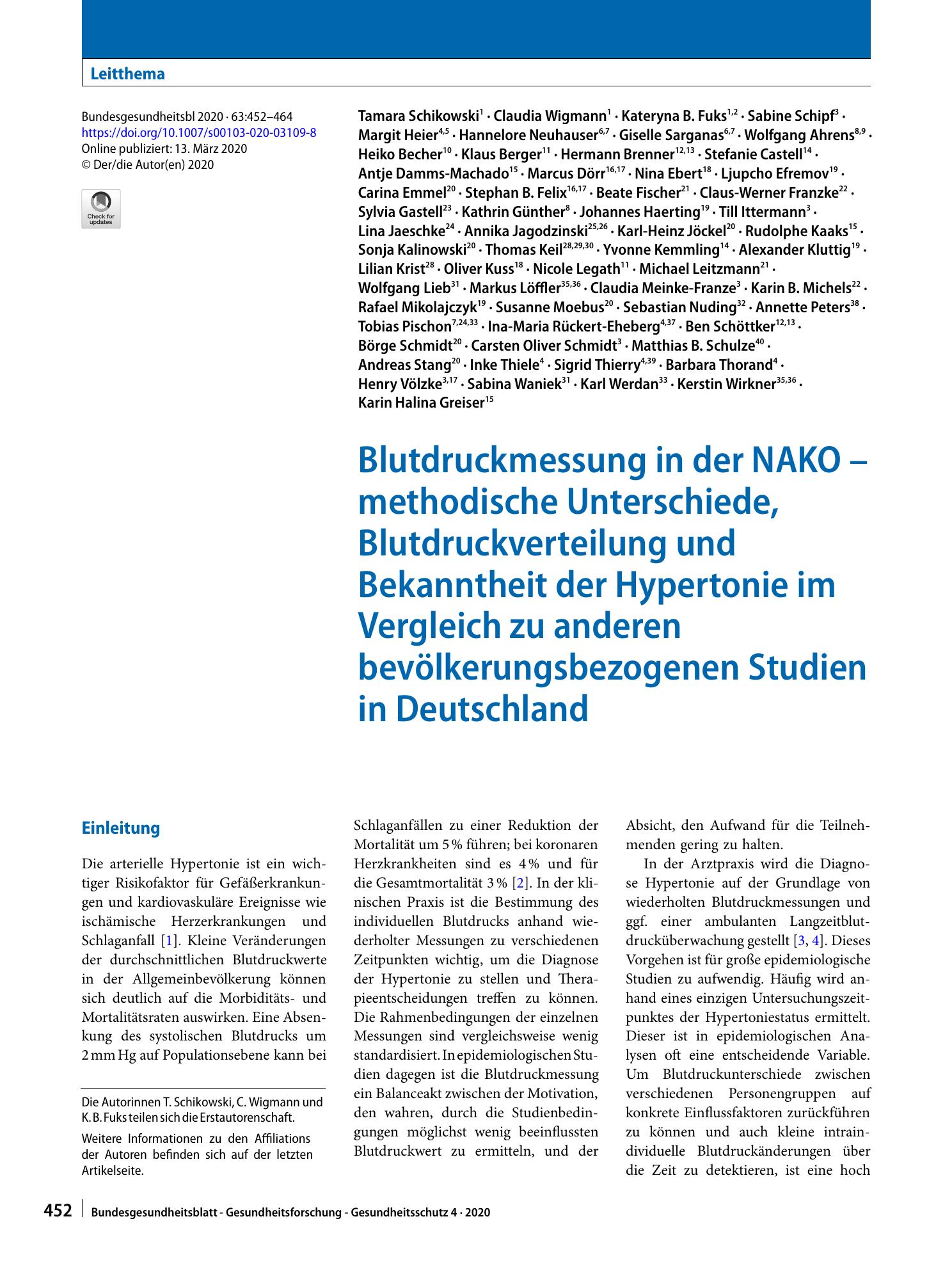 Vorschauseite 1: Blutdruckmessung in der NAKO – methodische Unterschiede, Blutdruckverteilung und Bekanntheit der Hypertonie im Vergleich zu anderen bevölkerungsbezogenen Studien in Deutschland