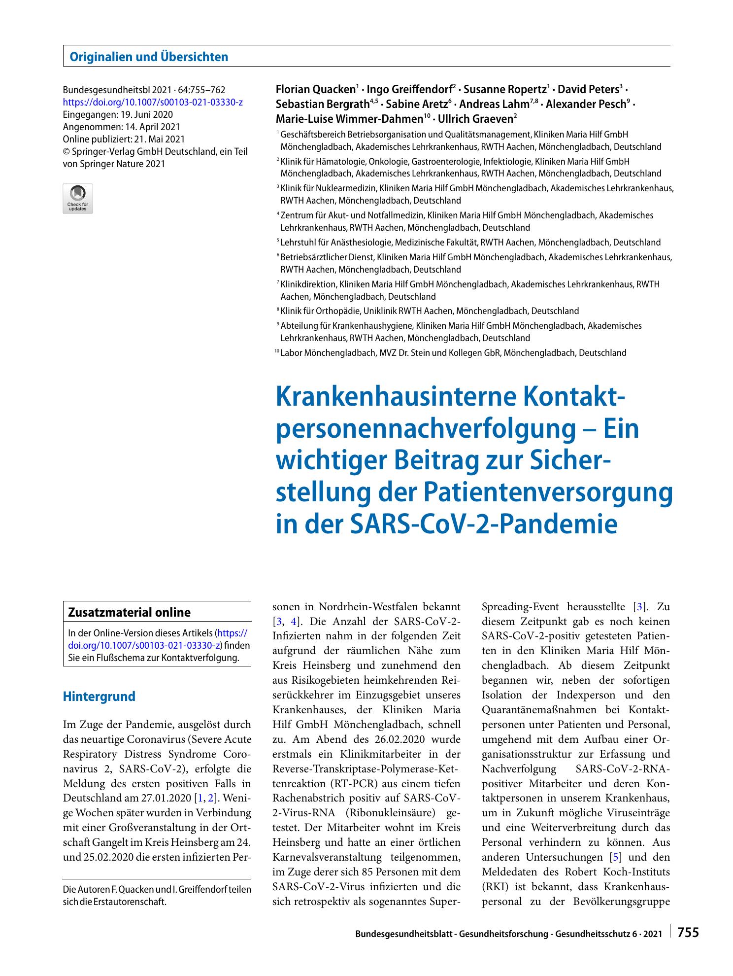Vorschauseite 1: Krankenhausinterne Kontaktpersonennachverfolgung – Ein wichtiger Beitrag zur Sicherstellung der Patientenversorgung in der SARS-CoV-2-Pandemie