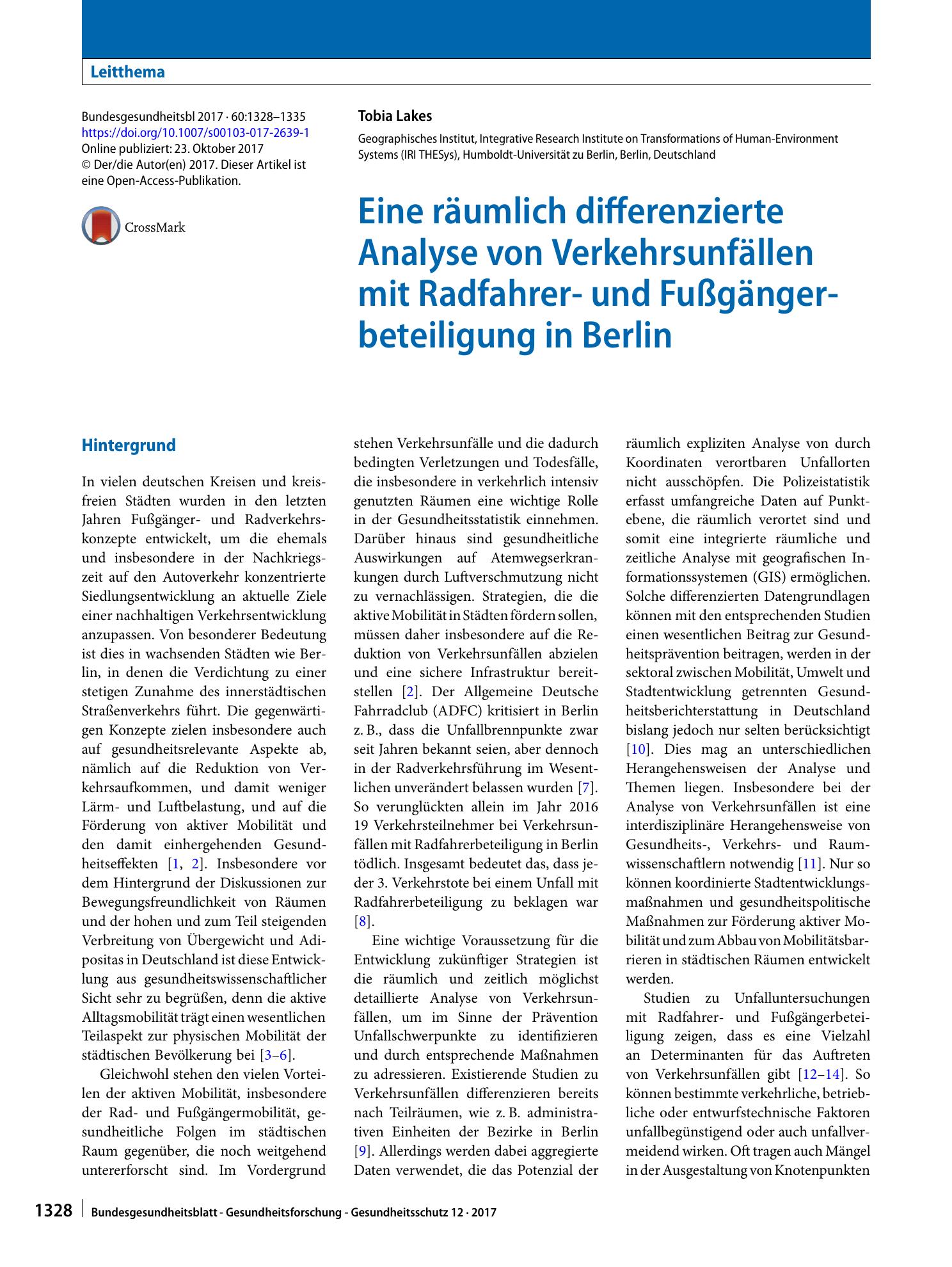 Vorschauseite 1: Eine räumlich differenzierte Analyse von Verkehrsunfällen mit Radfahrer- und Fußgängerbeteiligung in Berlin
