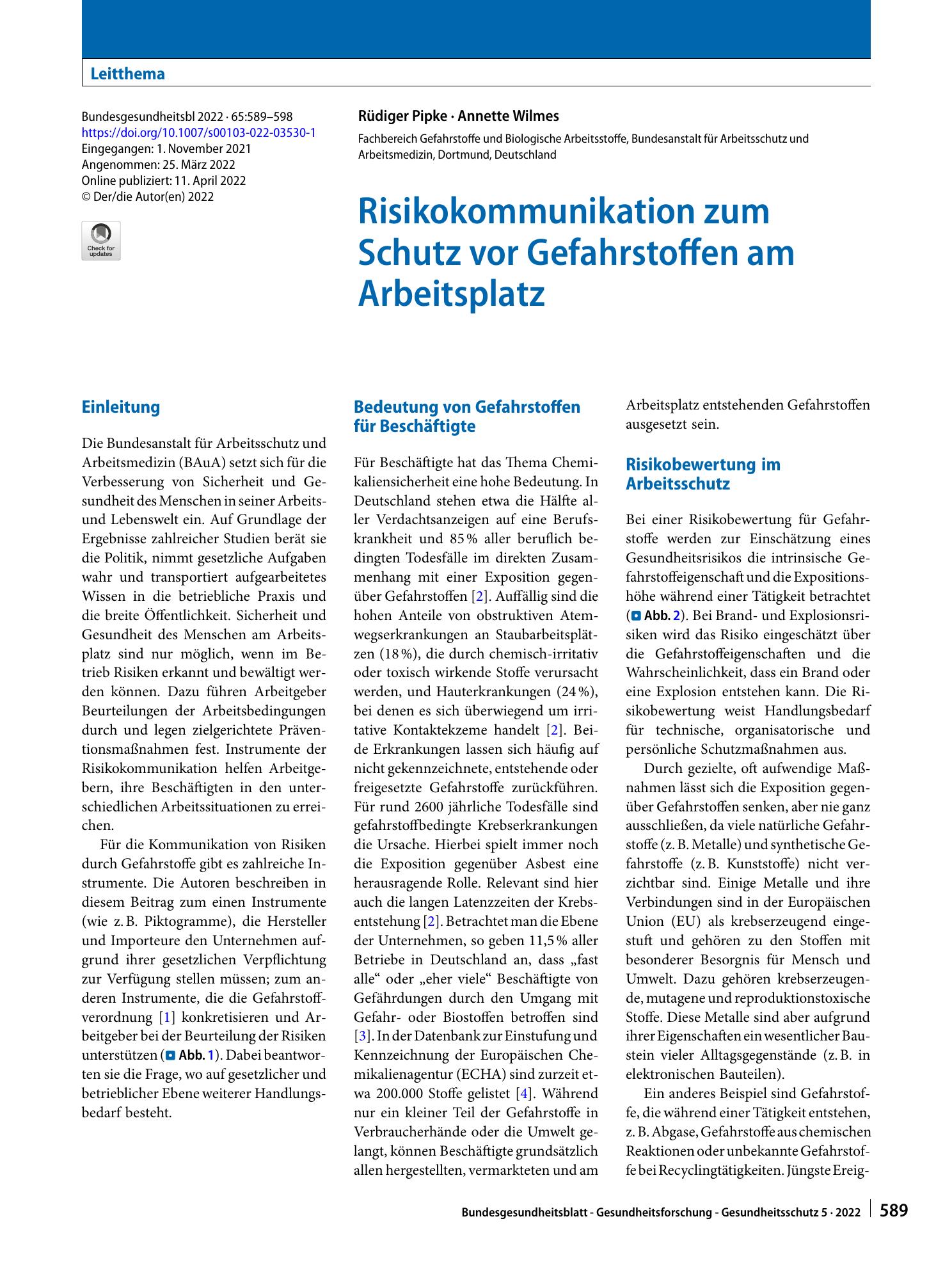 Vorschauseite 1: Risikokommunikation zum Schutz vor Gefahrstoffen am Arbeitsplatz
