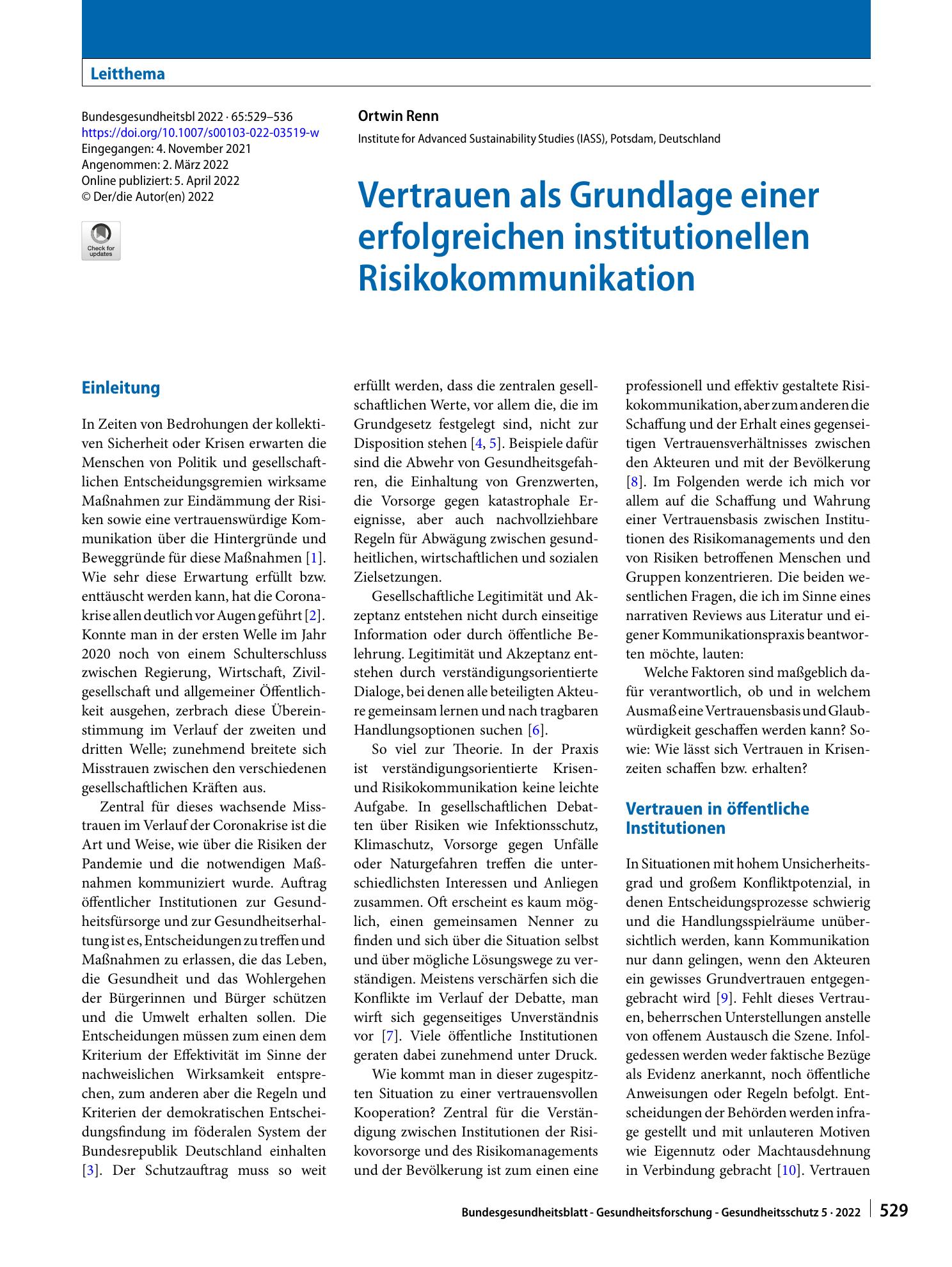 Vorschauseite 1: Vertrauen als Grundlage einer erfolgreichen institutionellen Risikokommunikation