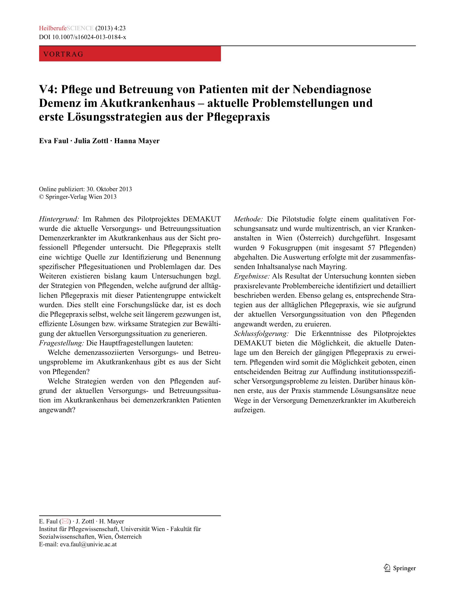 Vorschauseite 1: V4: Pflege und Betreuung von Patienten mit der Nebendiagnose Demenz im Akutkrankenhaus – aktuelle Problemstellungen und erste Lösungsstrategien aus der Pflegepraxis