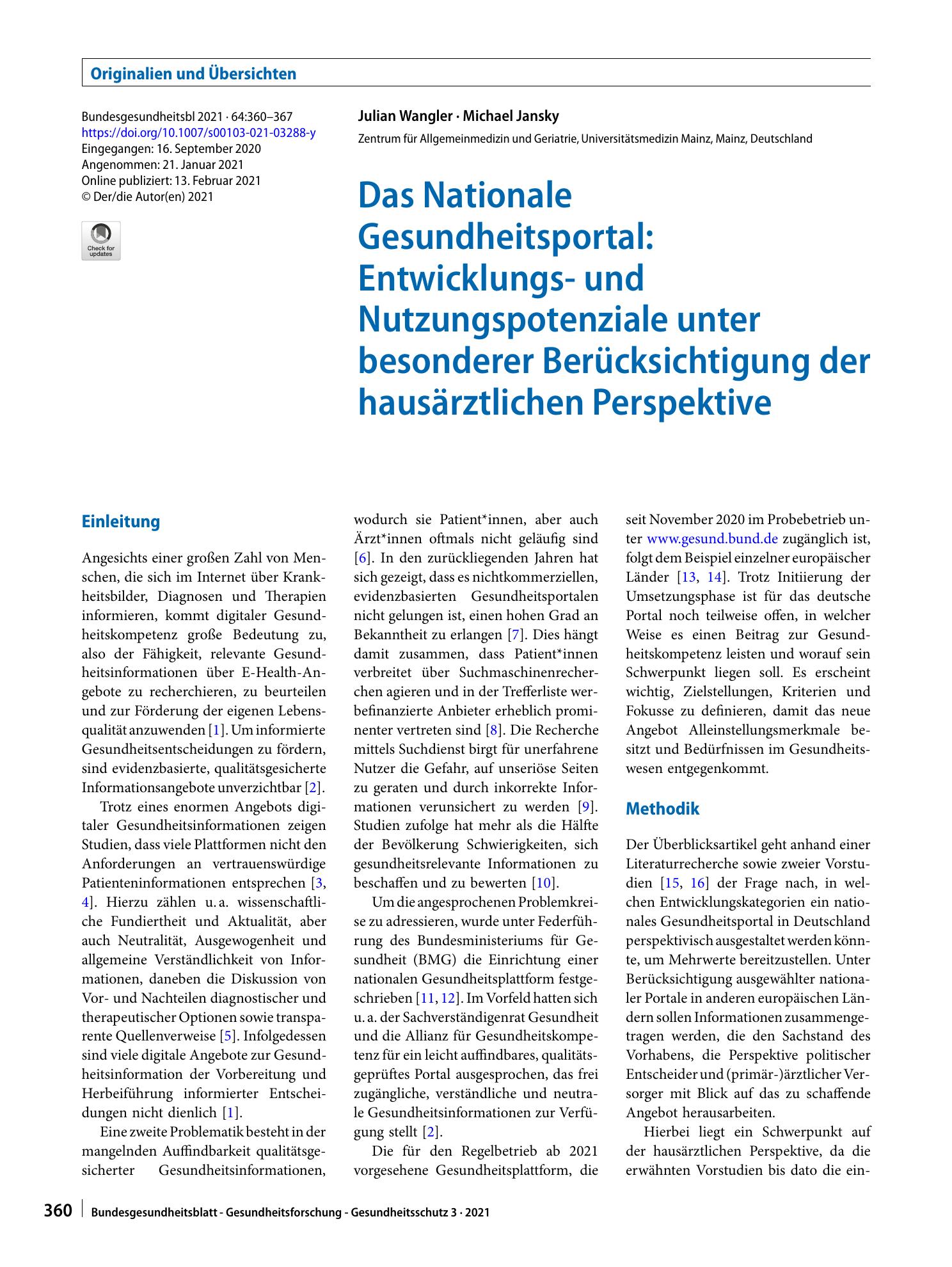 Vorschauseite 1: Das Nationale Gesundheitsportal: Entwicklungs- und Nutzungspotenziale unter besonderer Berücksichtigung der hausärztlichen Perspektive