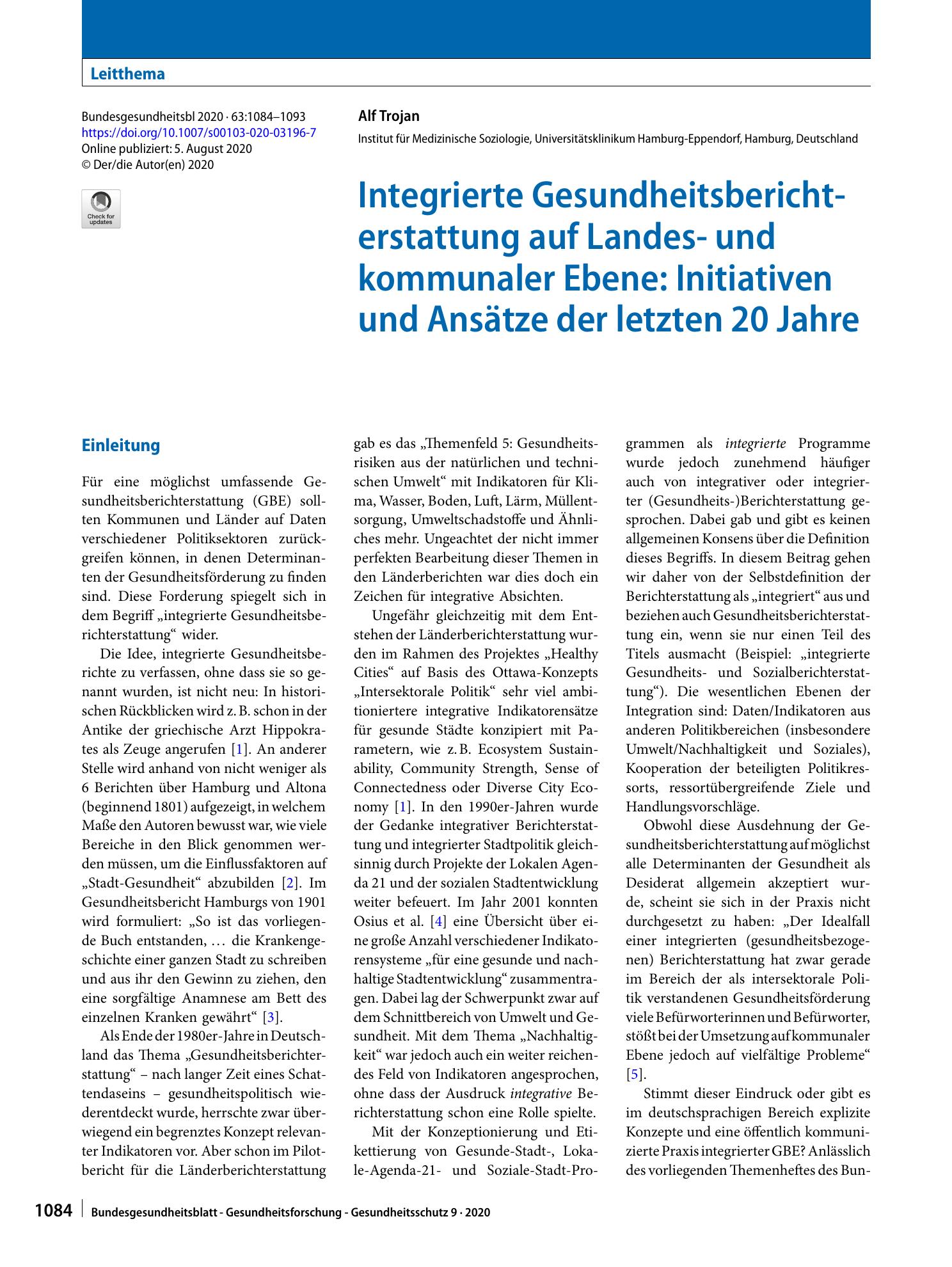 Vorschauseite 1: Integrierte Gesundheitsberichterstattung auf Landes- und kommunaler Ebene: Initiativen und Ansätze der letzten 20 Jahre