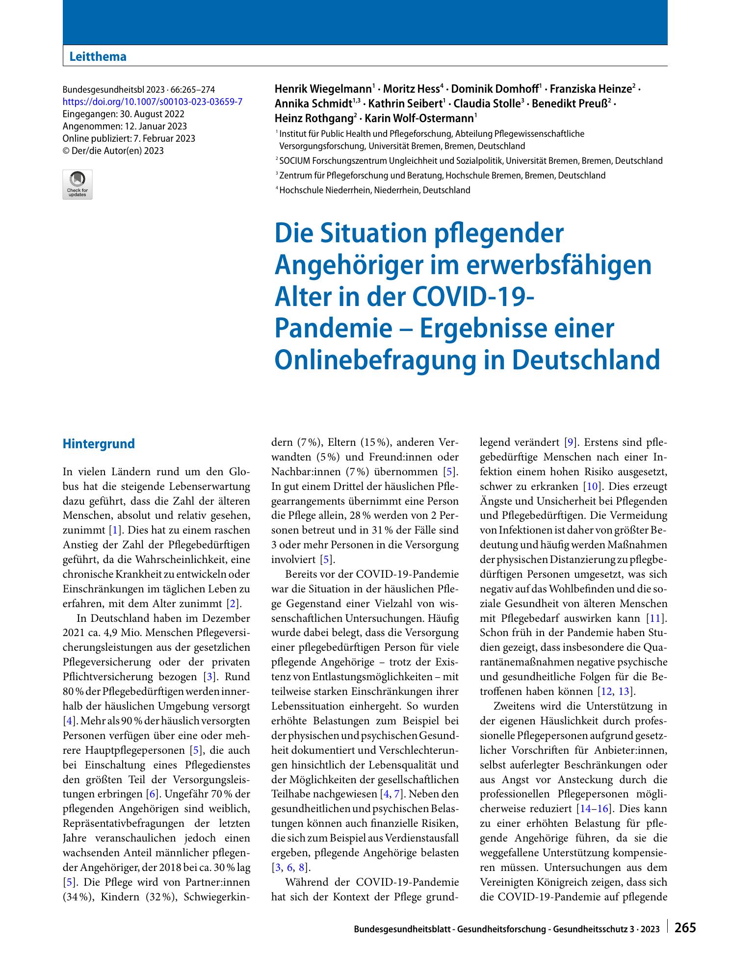 Vorschauseite 1: Die Situation pflegender Angehöriger im erwerbsfähigen Alter in der COVID-19-Pandemie – Ergebnisse einer Onlinebefragung in Deutschland