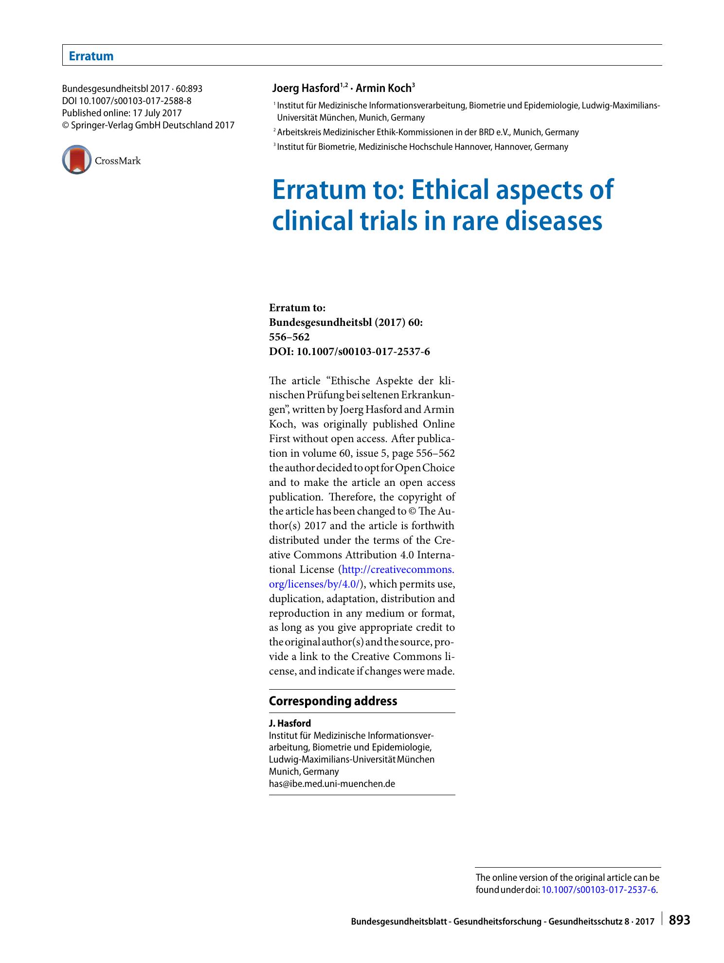 Vorschauseite 1: Erratum to: Ethical aspects of clinical trials in rare diseases