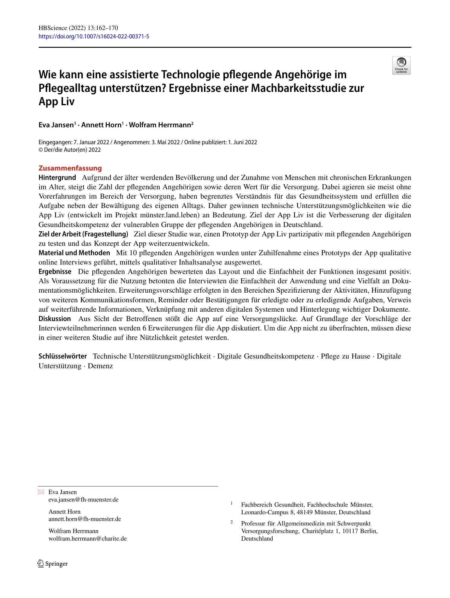 Vorschauseite 1: Wie kann eine assistierte Technologie pflegende Angehörige im Pflegealltag unterstützen? Ergebnisse einer Machbarkeitsstudie zur App Liv