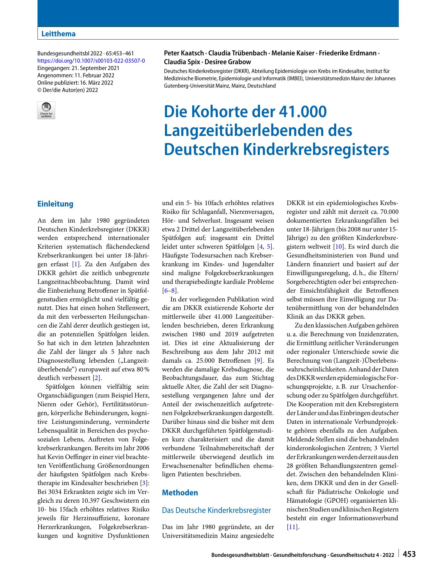 Vorschauseite 1: Die Kohorte der 41.000 Langzeitüberlebenden des Deutschen Kinderkrebsregisters