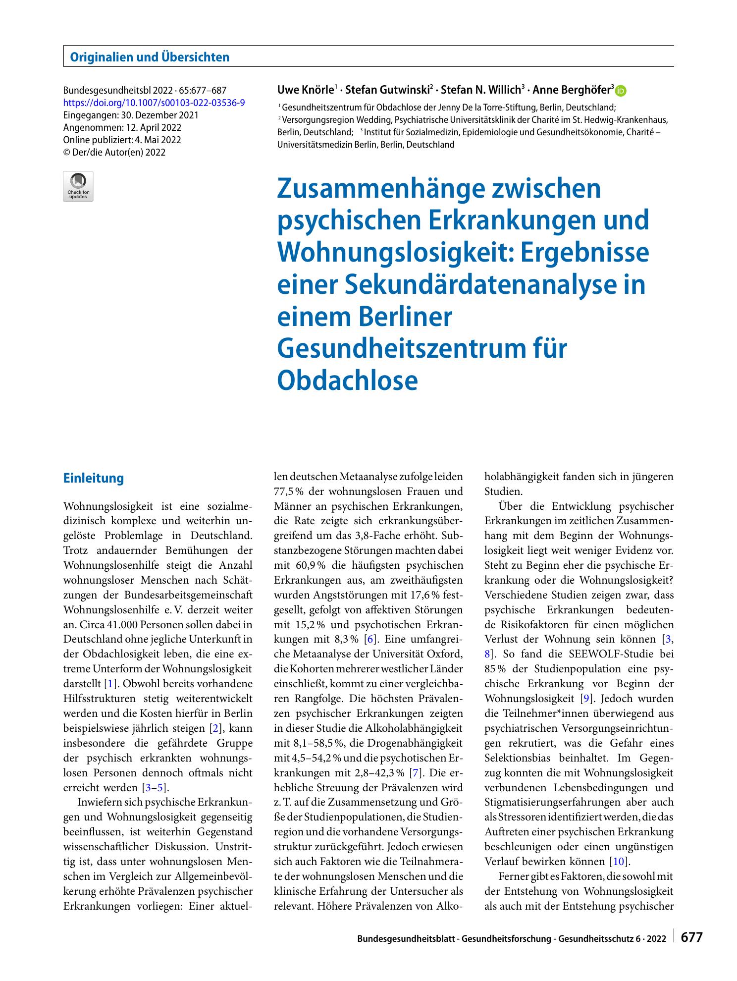 Vorschauseite 1: Zusammenhänge zwischen psychischen Erkrankungen und Wohnungslosigkeit: Ergebnisse einer Sekundärdatenanalyse in einem Berliner Gesundheitszentrum für Obdachlose
