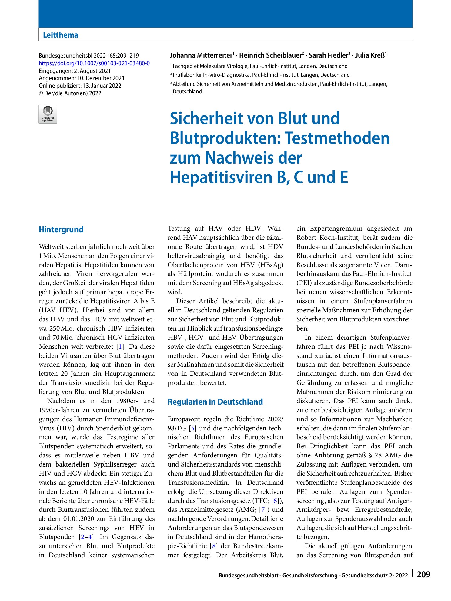 Vorschauseite 1: Sicherheit von Blut und Blutprodukten: Testmethoden zum Nachweis der Hepatitisviren B, C und E
