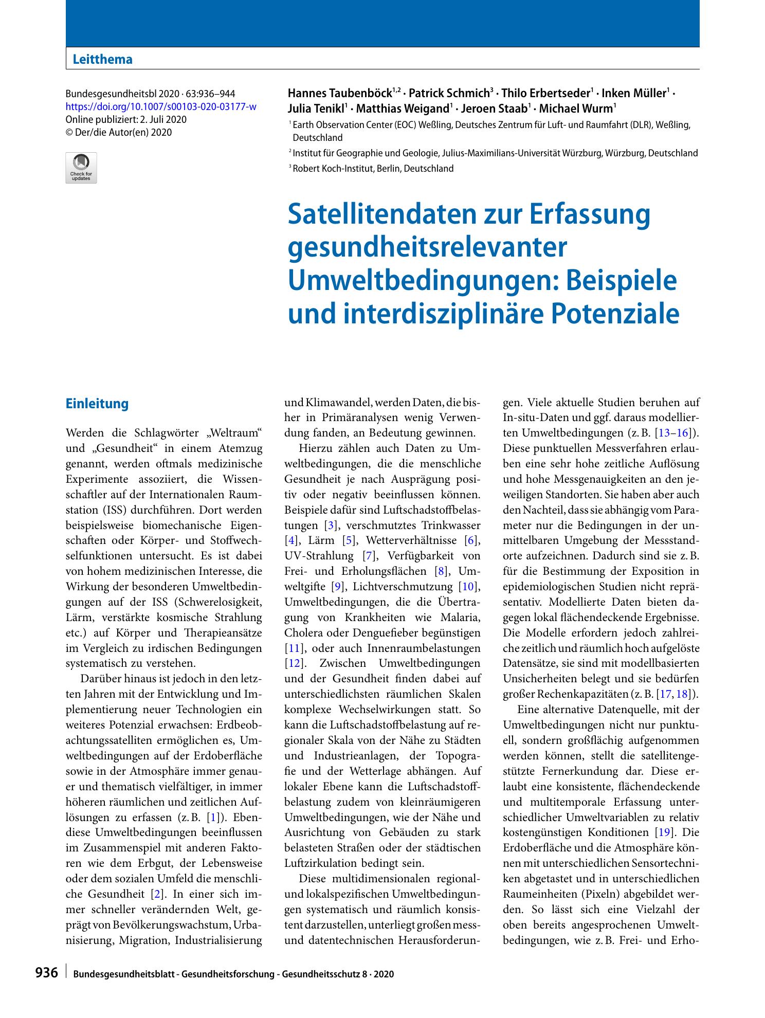 Vorschauseite 1: Satellitendaten zur Erfassung gesundheitsrelevanter Umweltbedingungen: Beispiele und interdisziplinäre Potenziale
