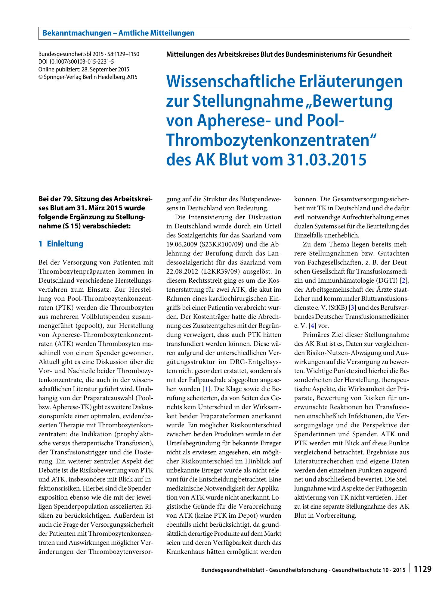Vorschauseite 1: Wissenschaftliche Erläuterungen zur Stellungnahme „Bewertung von Apherese- und Pool-Thrombozytenkonzentraten“ des AK Blut vom 31.03.2015
