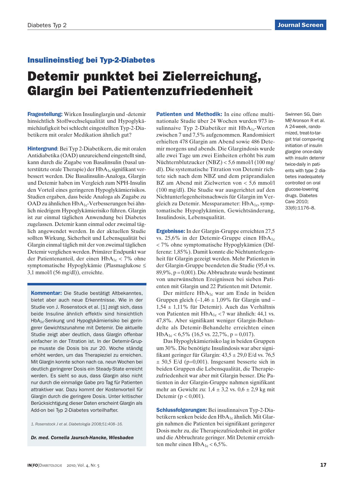 Vorschauseite 1: Detemir punktet bei Zielerreichung, Glargin bei Patientenzufriedenheit