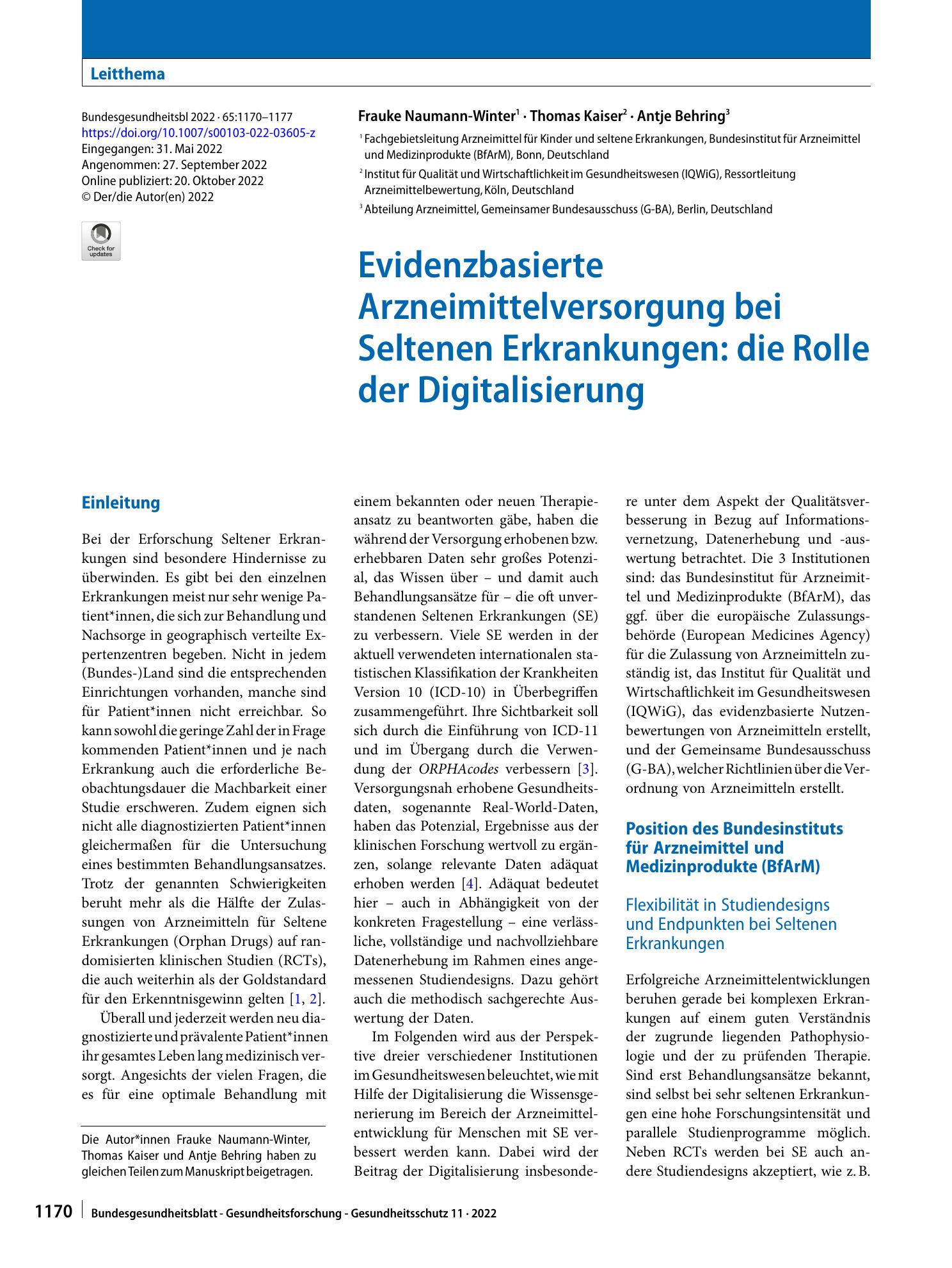 Vorschauseite 1: Evidenzbasierte Arzneimittelversorgung bei Seltenen Erkrankungen: die Rolle der Digitalisierung