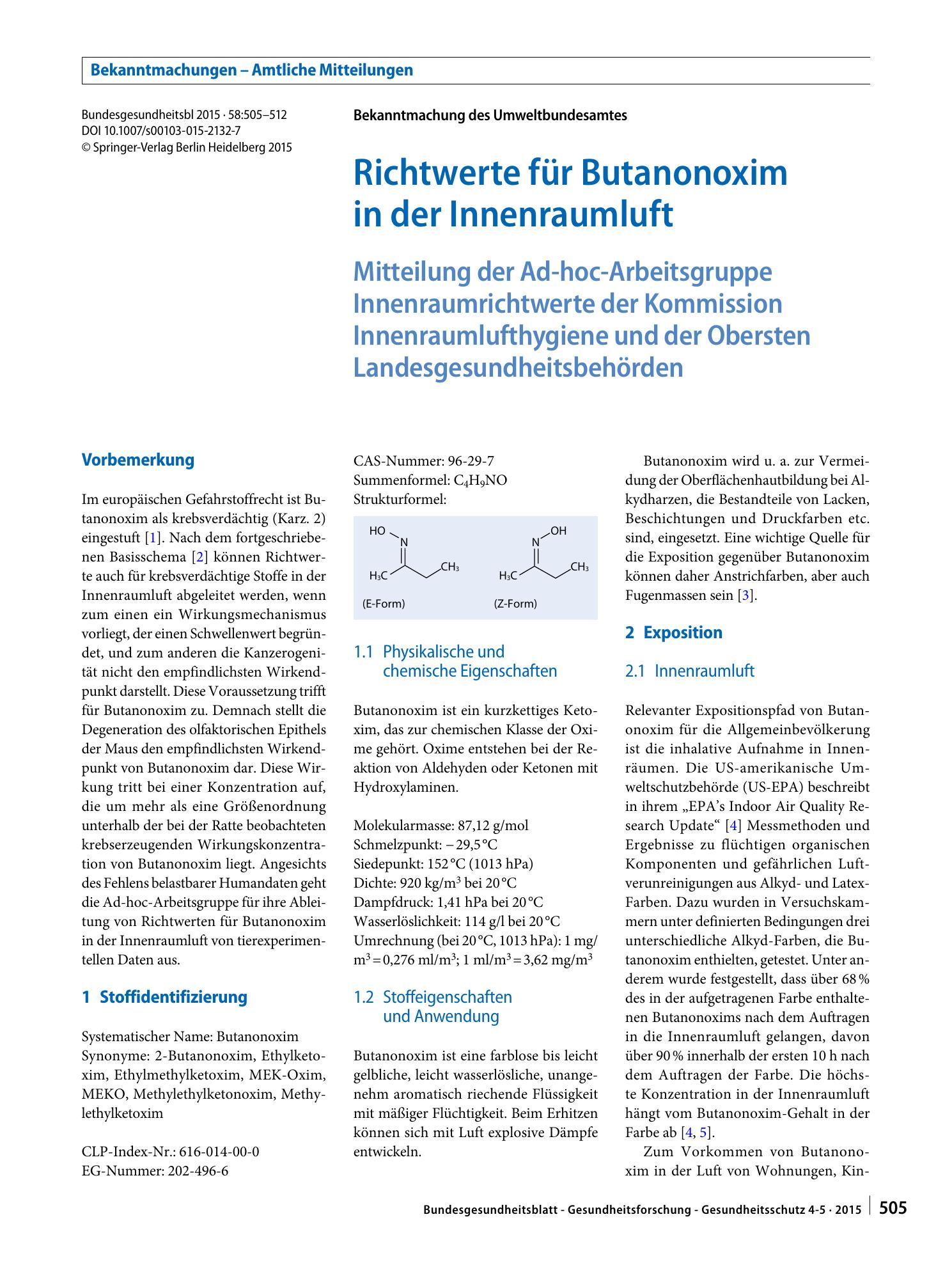 Vorschauseite 1: Richtwerte für Butanonoxim in der Innenraumluft