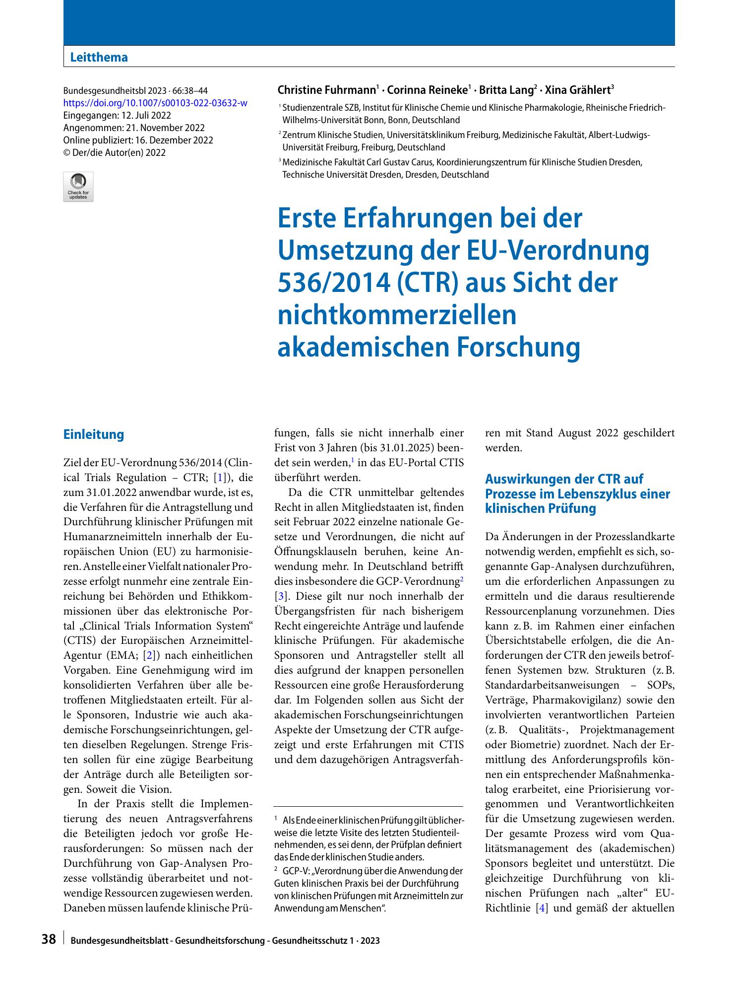Vorschauseite 1: Erste Erfahrungen bei der Umsetzung der EU-Verordnung 536/2014 (CTR) aus Sicht der nichtkommerziellen akademischen Forschung