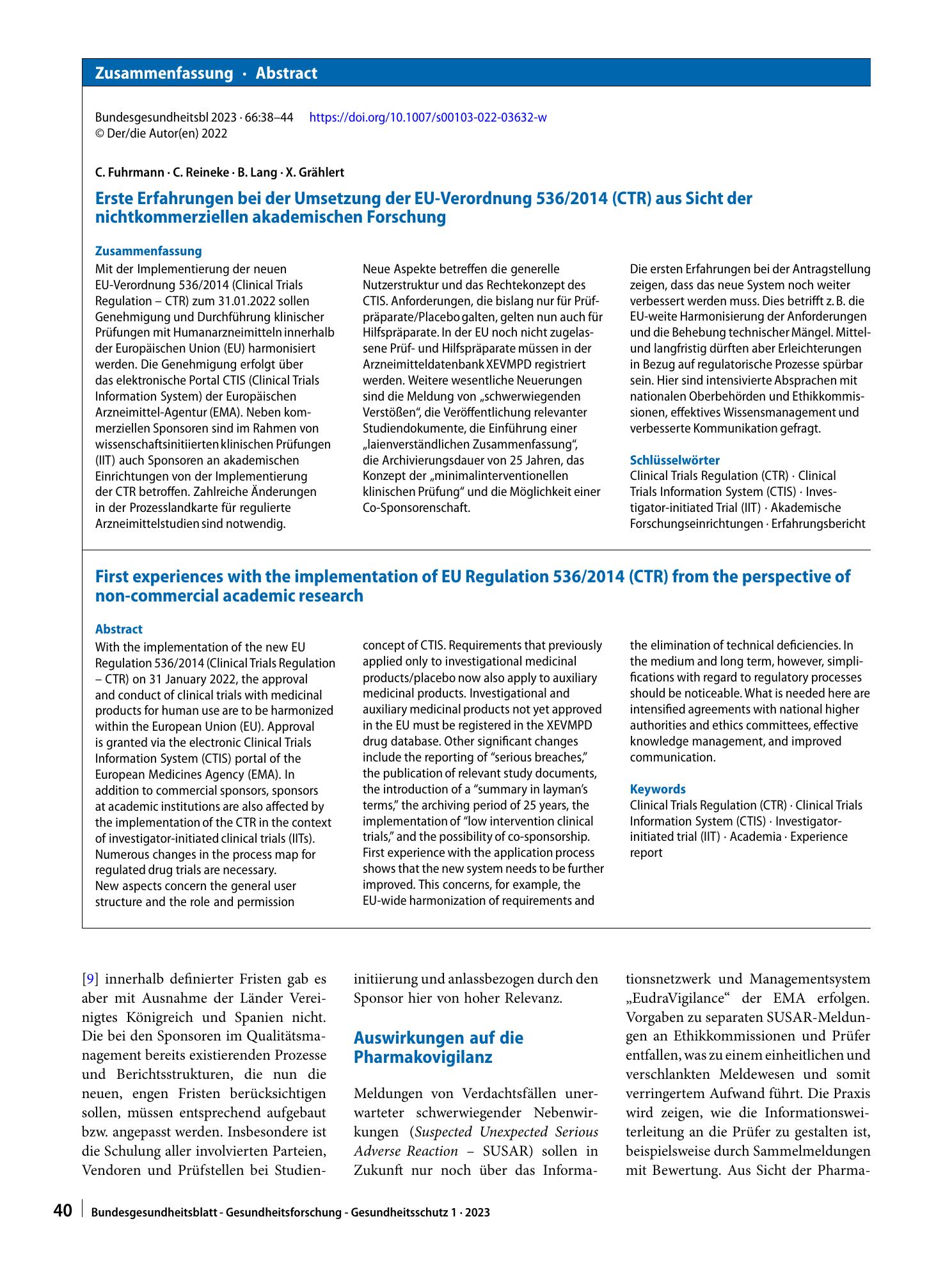 Vorschauseite 3: Erste Erfahrungen bei der Umsetzung der EU-Verordnung 536/2014 (CTR) aus Sicht der nichtkommerziellen akademischen Forschung