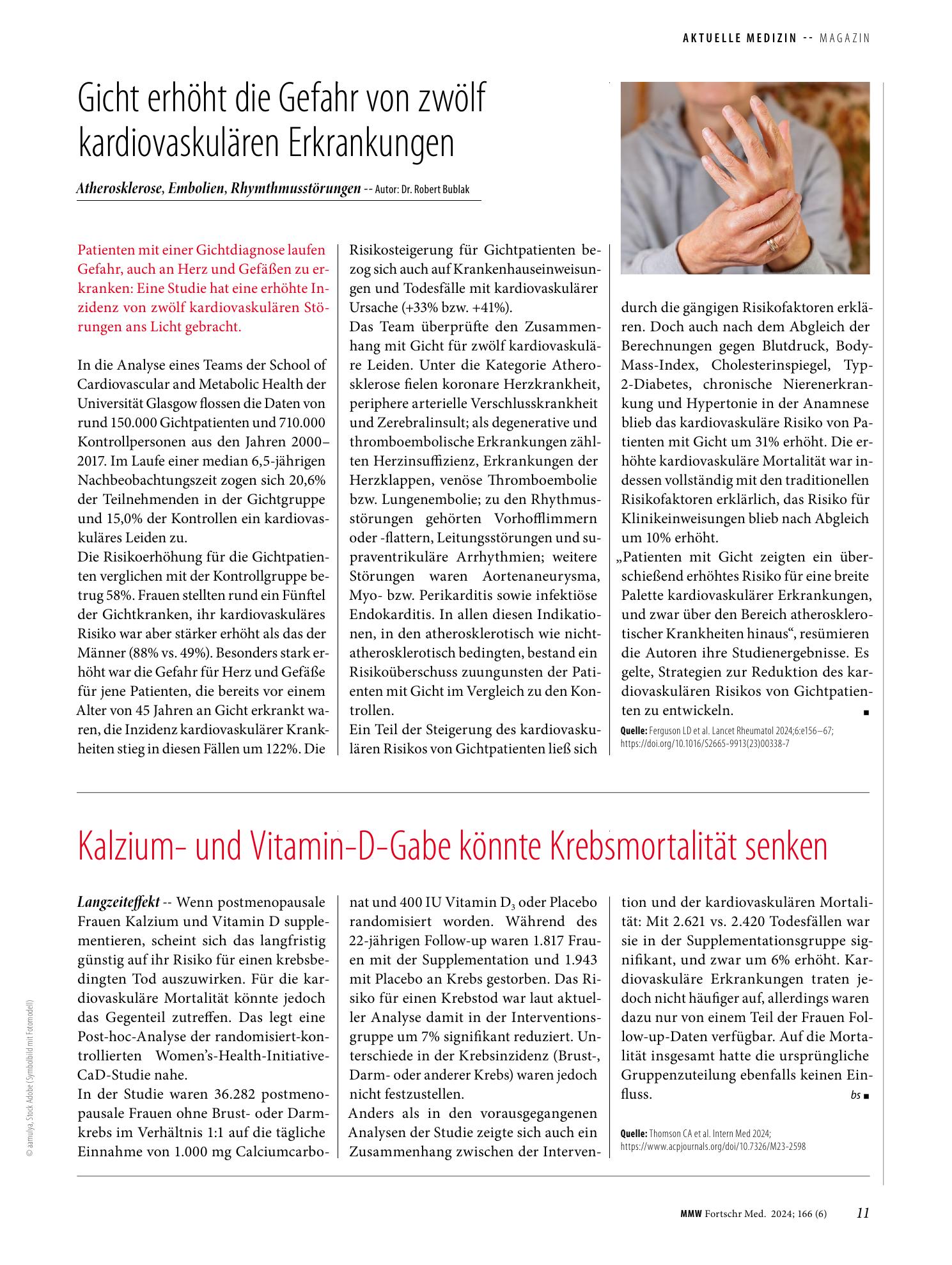 Vorschauseite 1: Kalzium- und Vitamin-D-Gabe könnte Krebsmortalität senken