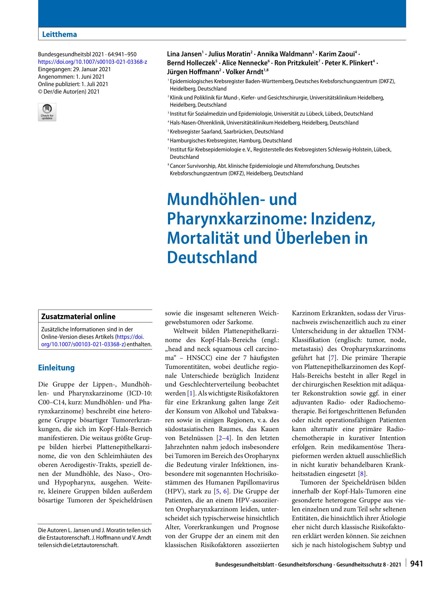 Vorschauseite 1: Mundhöhlen- und Pharynxkarzinome: Inzidenz, Mortalität und Überleben in Deutschland