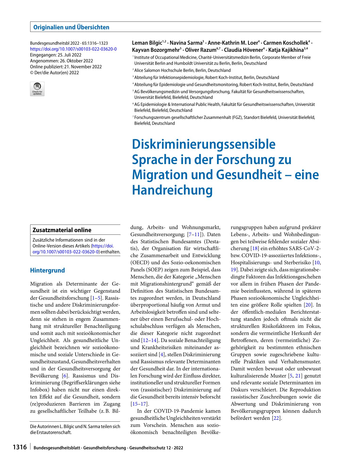 Vorschauseite 1: Diskriminierungssensible Sprache in der Forschung zu Migration und Gesundheit – eine Handreichung
