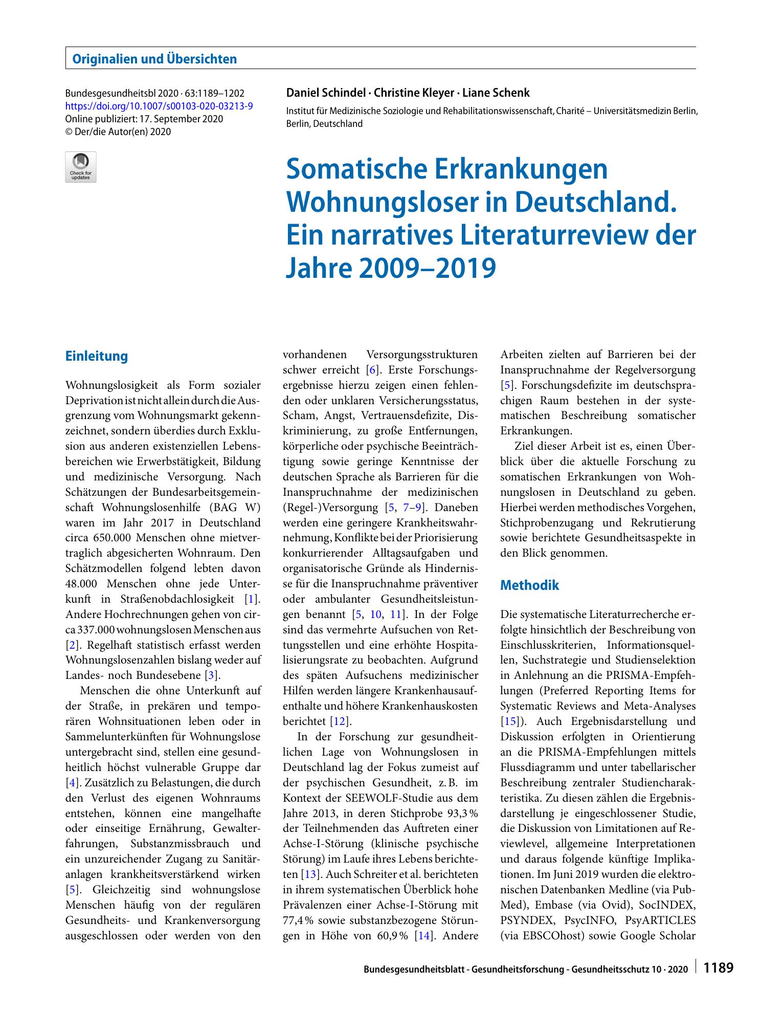 Vorschauseite 1: Somatische Erkrankungen Wohnungsloser in Deutschland. Ein narratives Literaturreview der Jahre 2009–2019