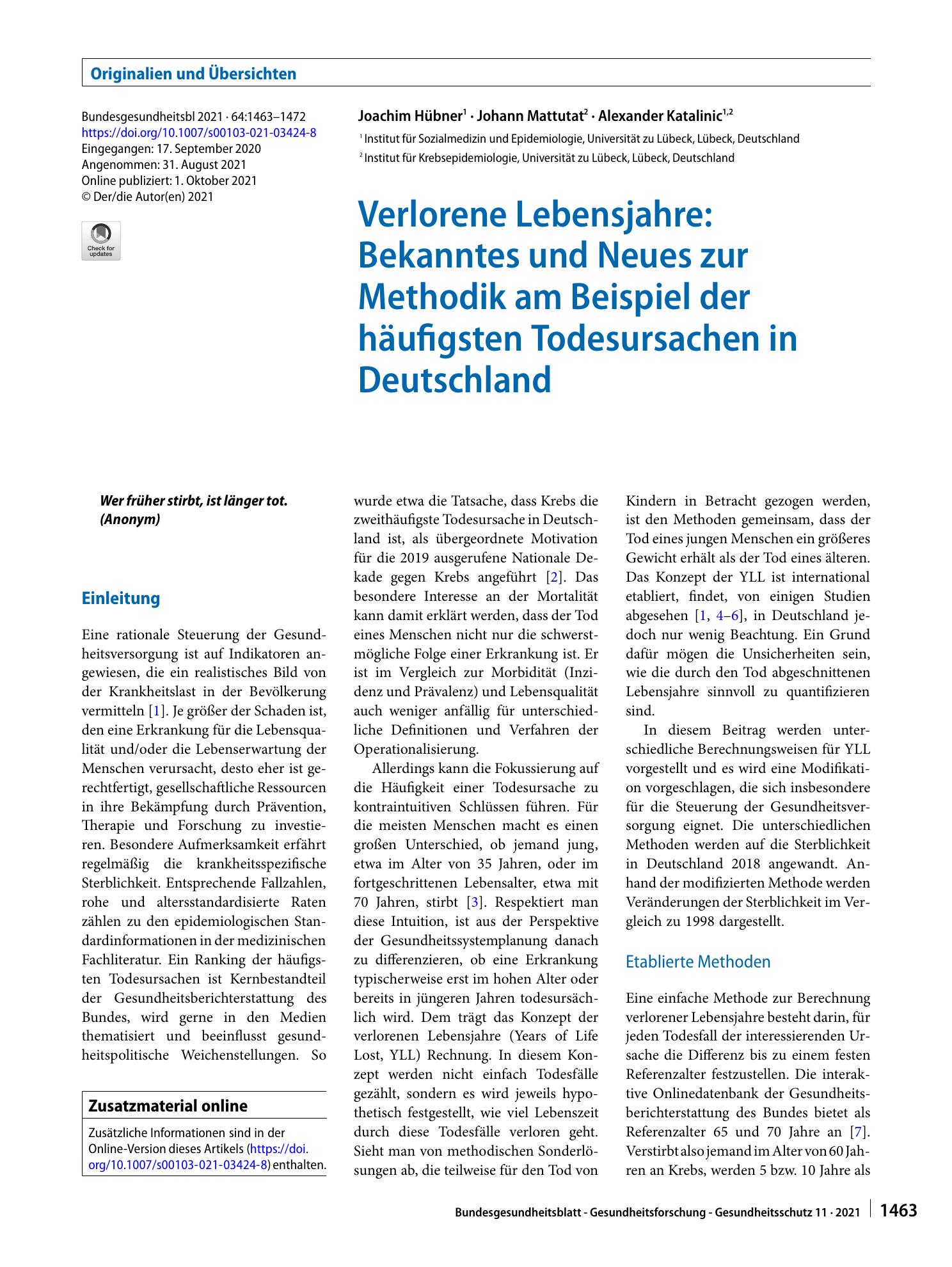 Vorschauseite 1: Verlorene Lebensjahre: Bekanntes und Neues zur Methodik am Beispiel der häufigsten Todesursachen in Deutschland