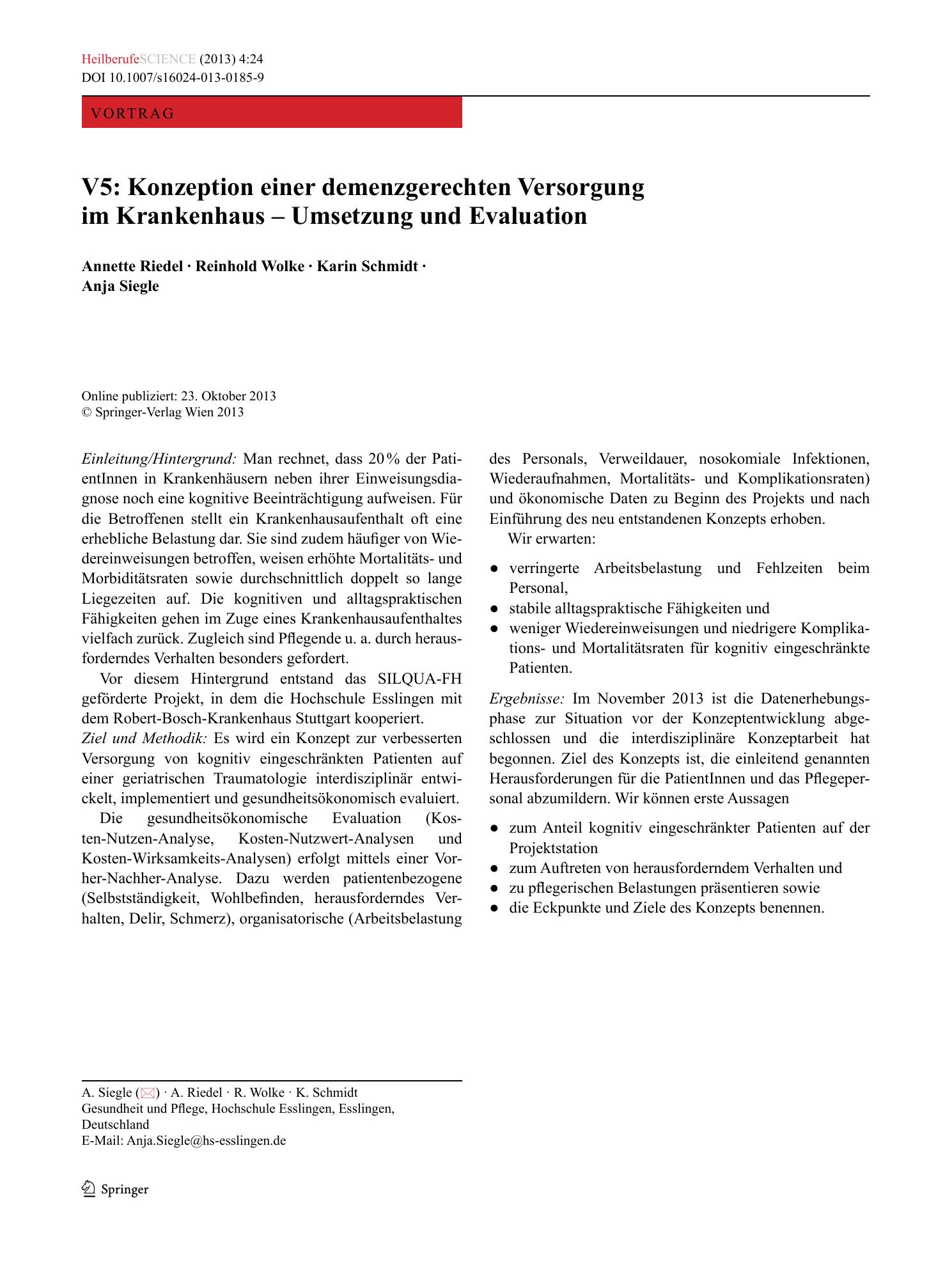 Vorschauseite 1: V5: Konzeption einer demenzgerechten Versorgung im Krankenhaus – Umsetzung und Evaluation