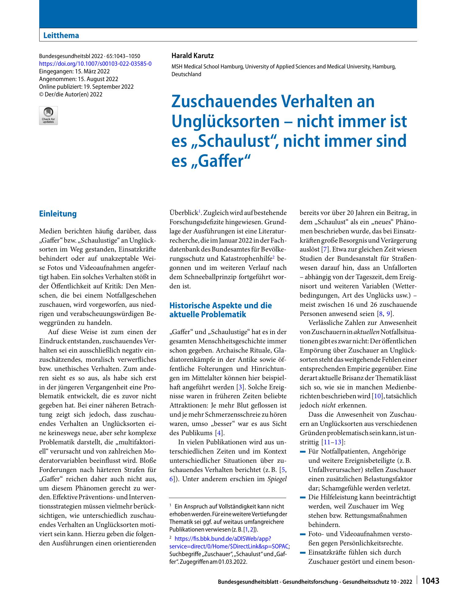Vorschauseite 1: Zuschauendes Verhalten an Unglücksorten – nicht immer ist es „Schaulust“, nicht immer sind es „Gaffer“