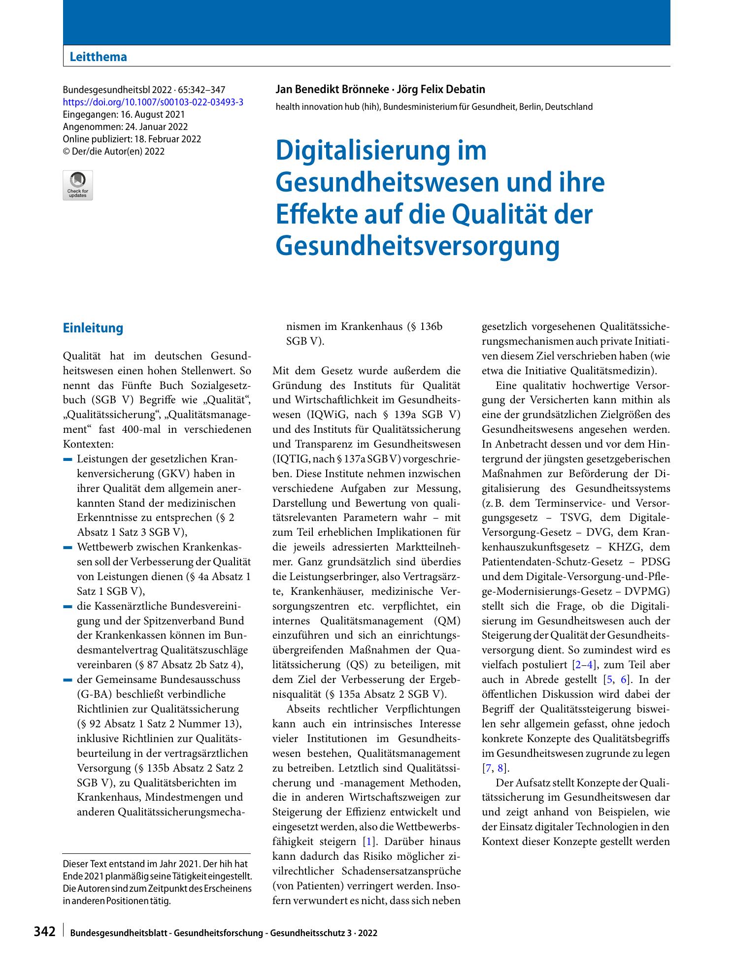 Vorschauseite 1: Digitalisierung im Gesundheitswesen und ihre Effekte auf die Qualität der Gesundheitsversorgung