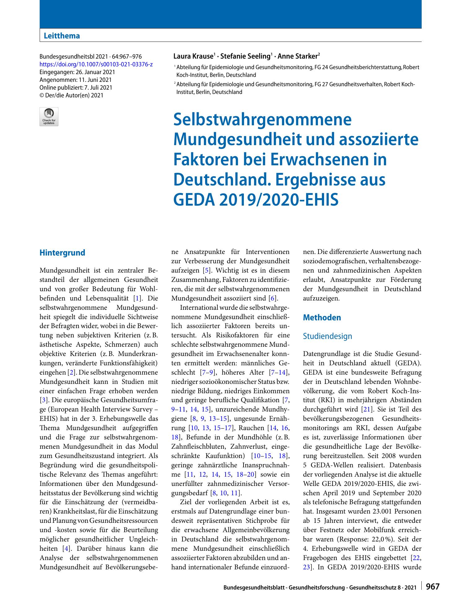 Vorschauseite 1: Selbstwahrgenommene Mundgesundheit und assoziierte Faktoren bei Erwachsenen in Deutschland. Ergebnisse aus GEDA 2019/2020-EHIS