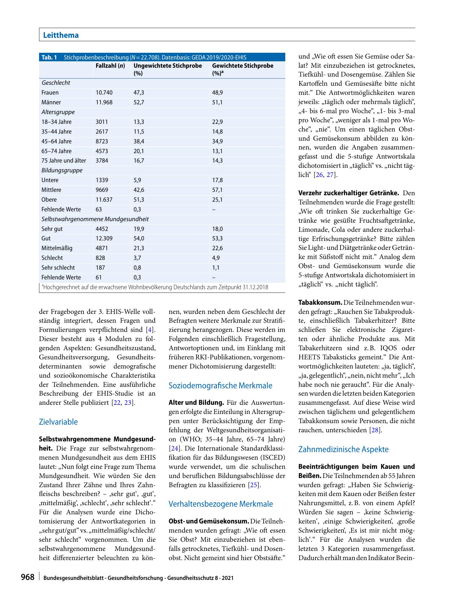 Vorschauseite 2: Selbstwahrgenommene Mundgesundheit und assoziierte Faktoren bei Erwachsenen in Deutschland. Ergebnisse aus GEDA 2019/2020-EHIS