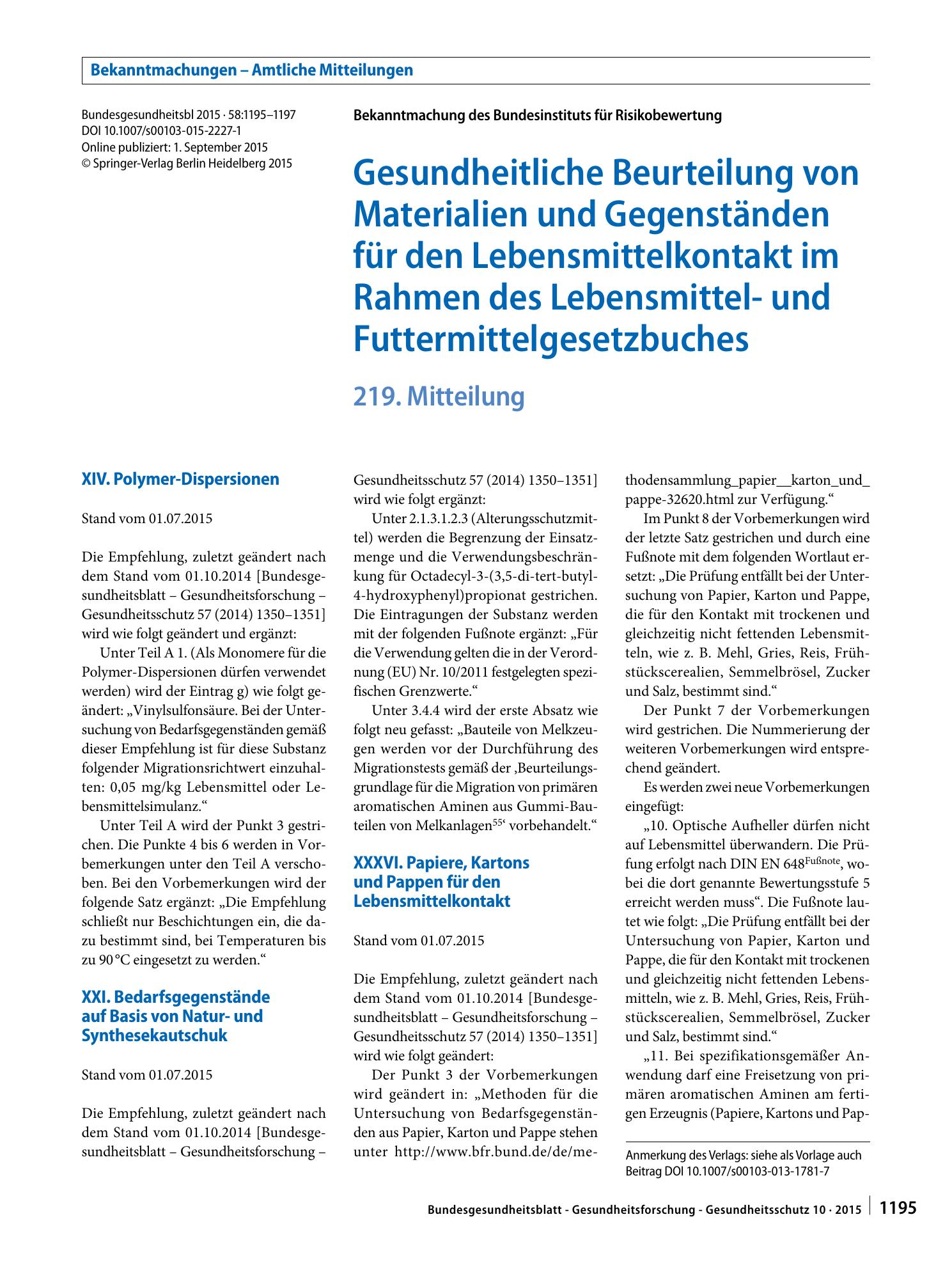 Vorschauseite 1: Gesundheitliche Beurteilung von Materialien und Gegenständen für den Lebensmittelkontakt im Rahmen des Lebensmittel- und Futtermittelgesetzbuches