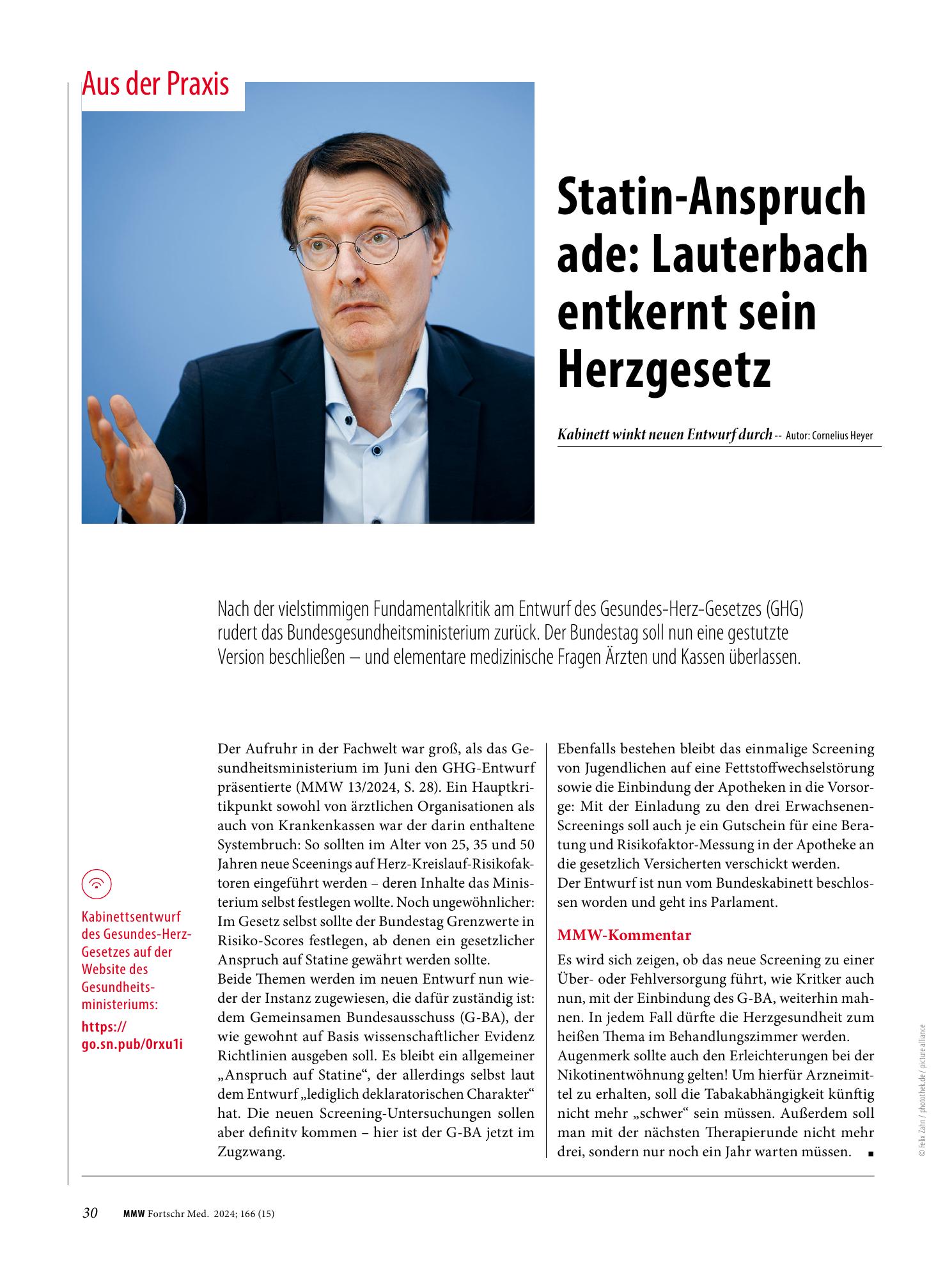 Vorschauseite 1: Statin-Anspruch ade: Lauterbach entkernt sein Herzgesetz
