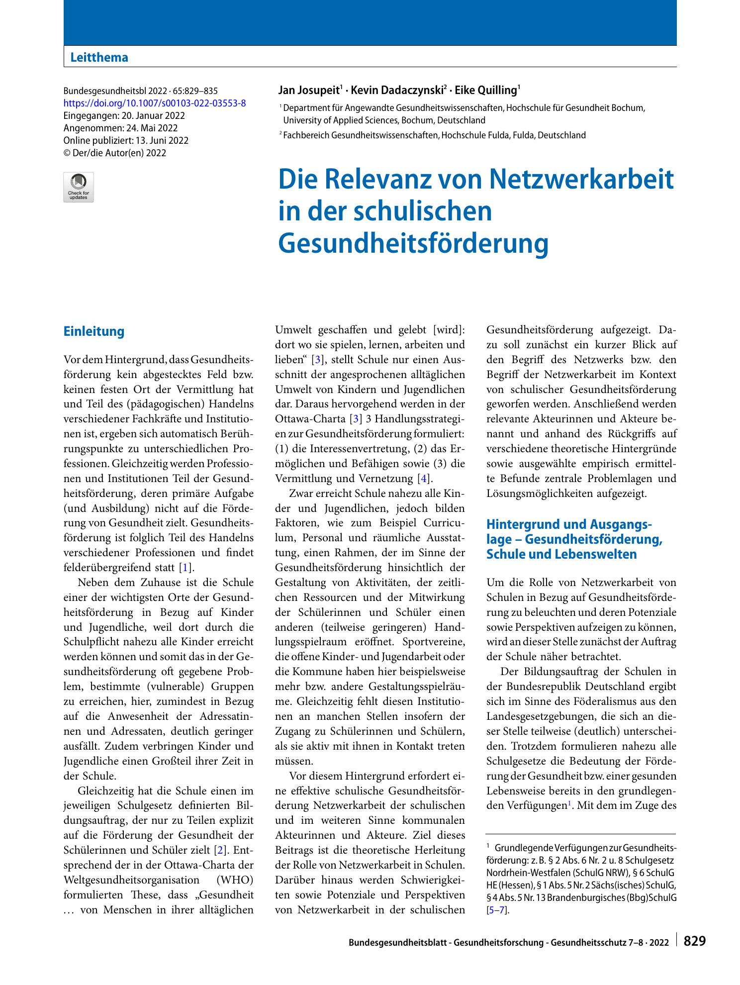 Vorschauseite 1: Die Relevanz von Netzwerkarbeit in der schulischen Gesundheitsförderung