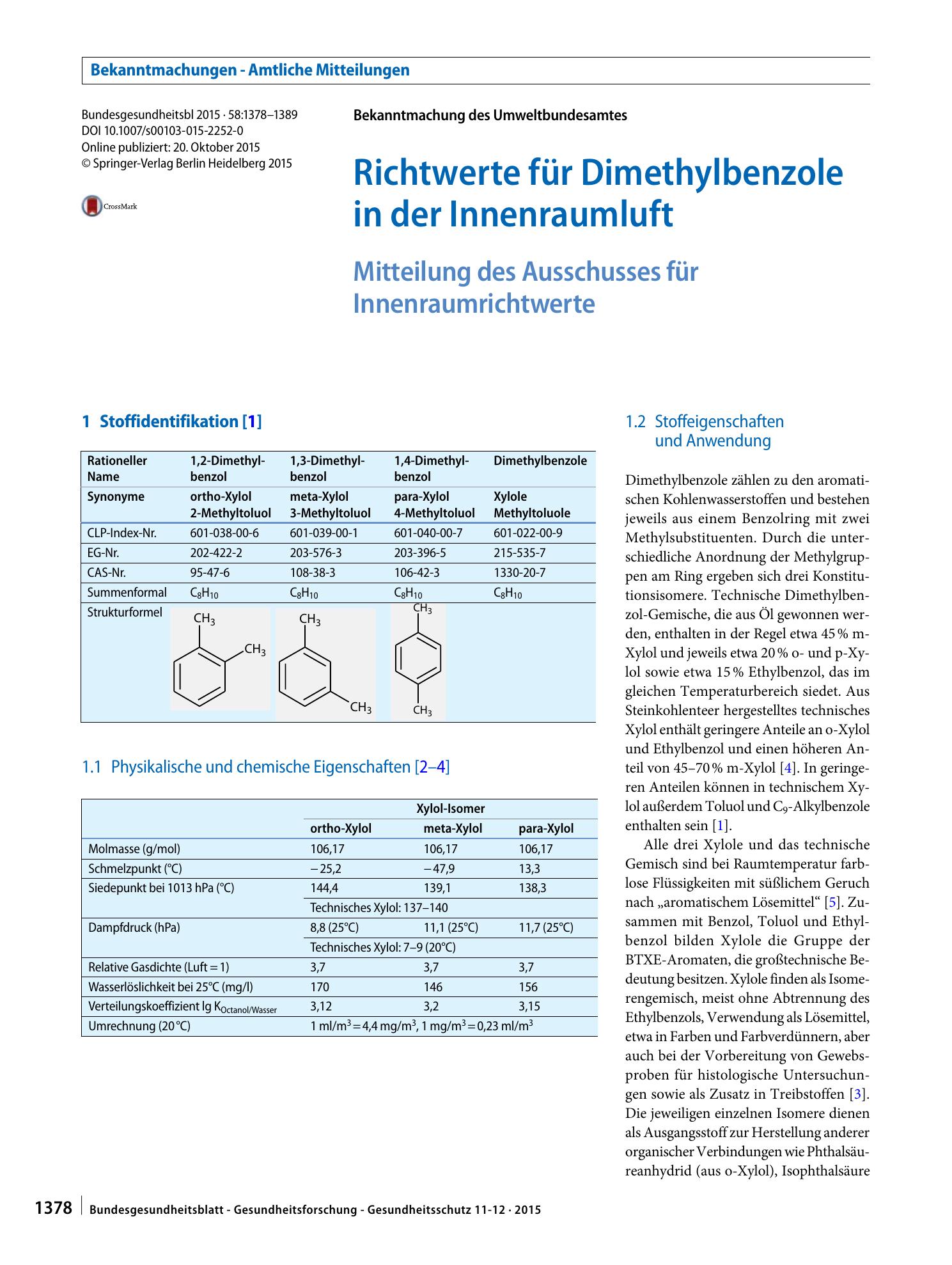 Vorschauseite 1: Richtwerte für Dimethylbenzole in der Innenraumluft