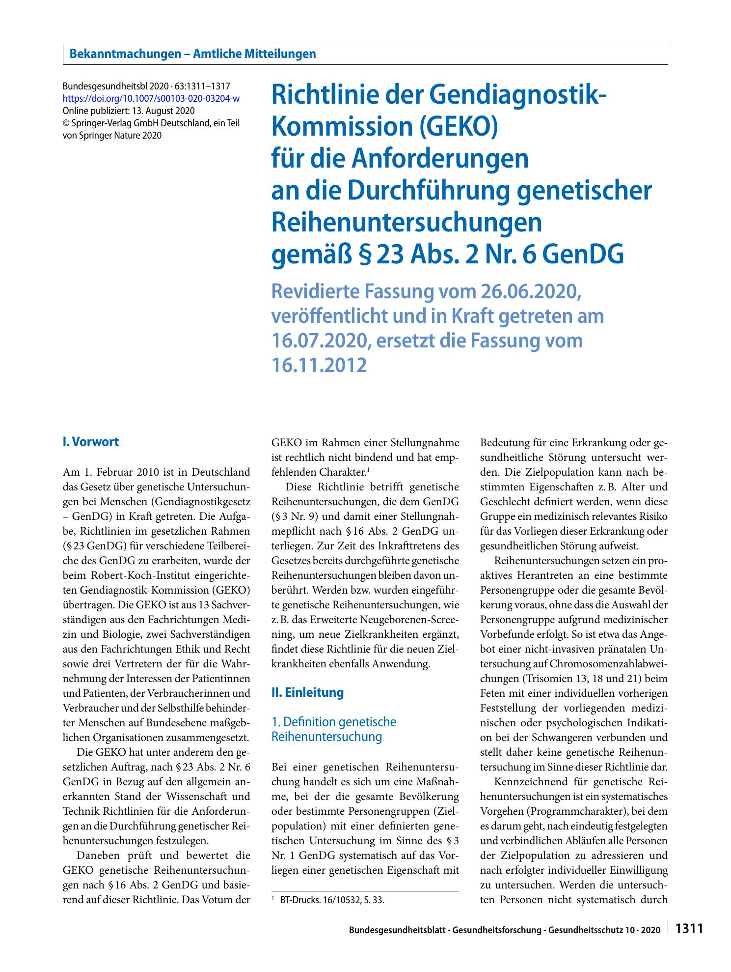 Vorschauseite 1: Richtlinie der Gendiagnostik-Kommission (GEKO) für die Anforderungen an die Durchführung genetischer Reihenuntersuchungen gemäß § 23 Abs. 2 Nr. 6 GenDG