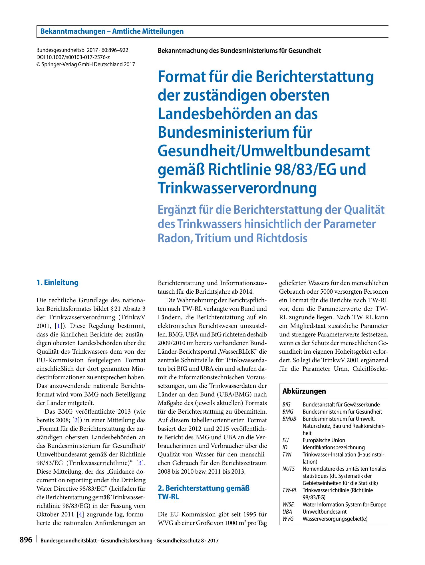 Vorschauseite 1: Format für die Berichterstattung der zuständigen obersten Landesbehörden an das Bundesministerium für Gesundheit/Umweltbundesamt gemäß Richtlinie 98/83/EG und Trinkwasserverordnung