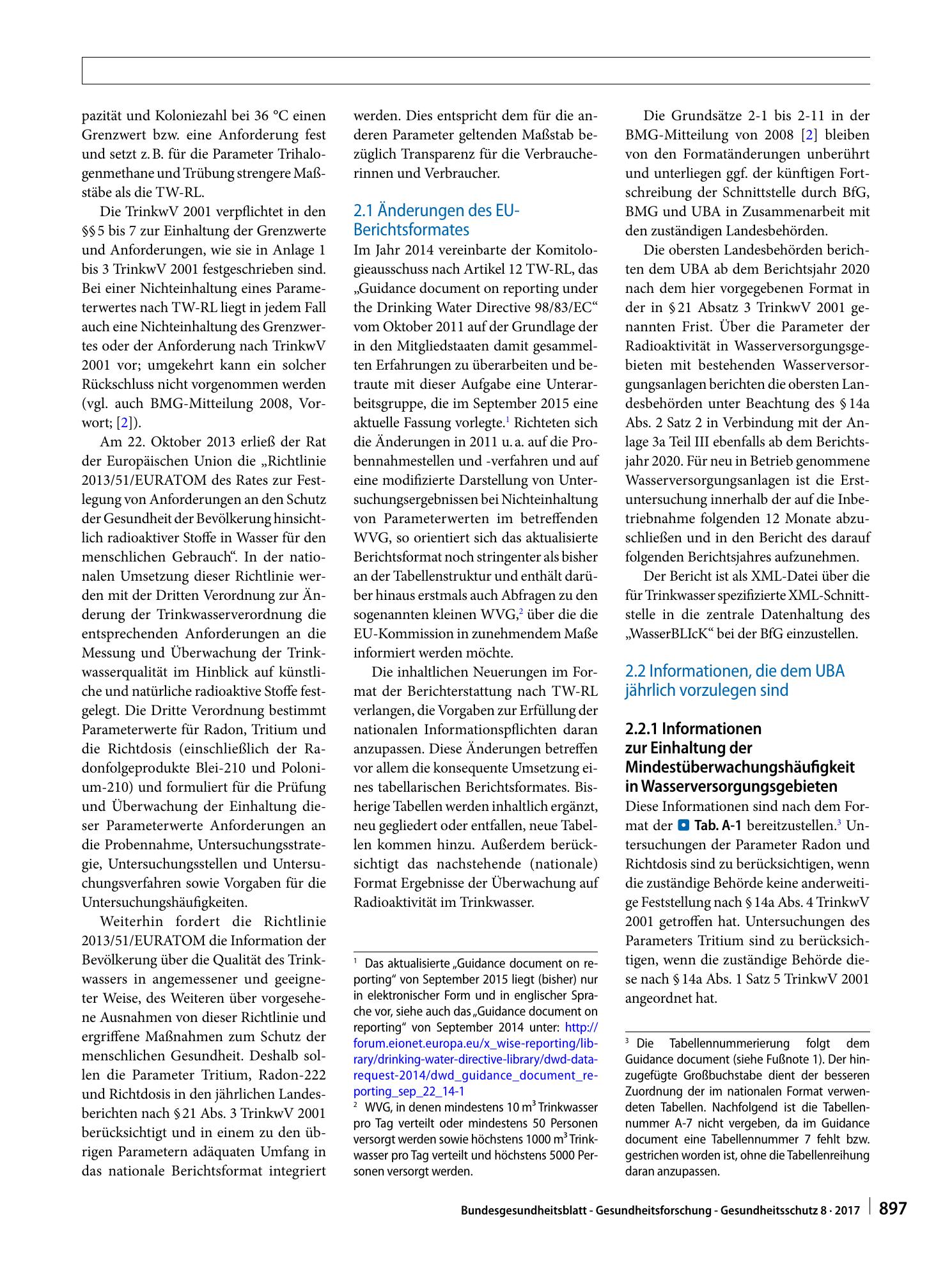 Vorschauseite 2: Format für die Berichterstattung der zuständigen obersten Landesbehörden an das Bundesministerium für Gesundheit/Umweltbundesamt gemäß Richtlinie 98/83/EG und Trinkwasserverordnung