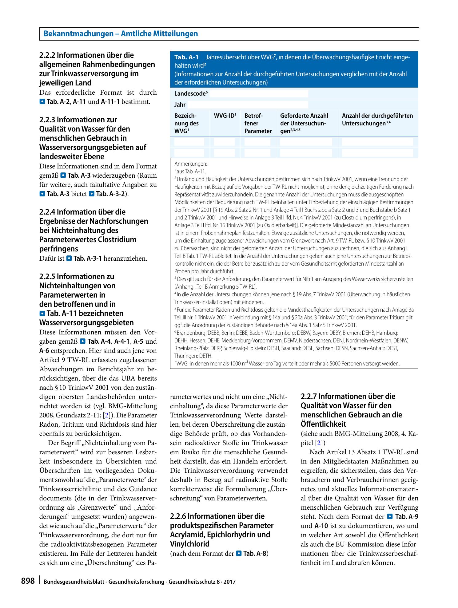 Vorschauseite 3: Format für die Berichterstattung der zuständigen obersten Landesbehörden an das Bundesministerium für Gesundheit/Umweltbundesamt gemäß Richtlinie 98/83/EG und Trinkwasserverordnung