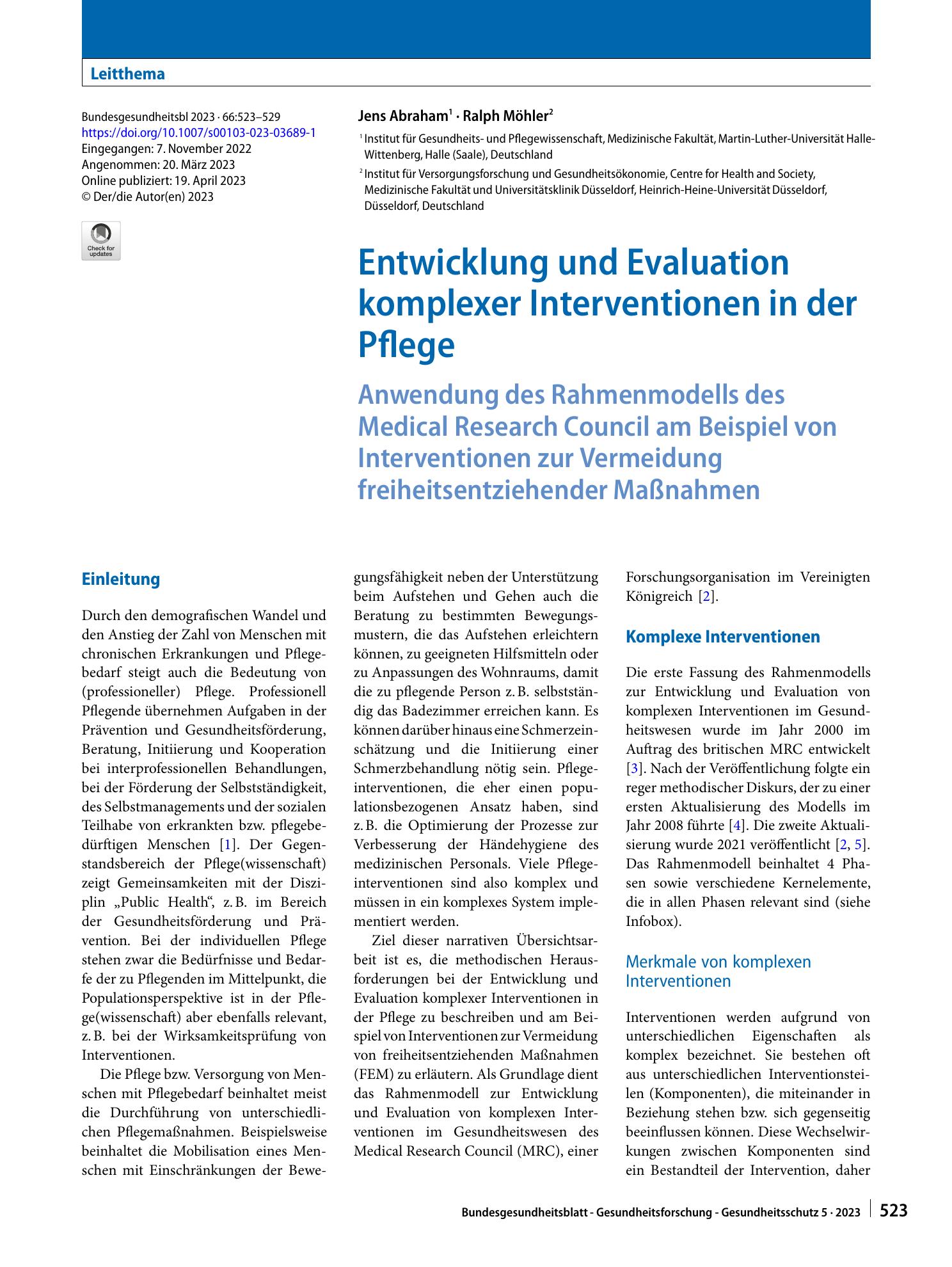 Vorschauseite 1: Entwicklung und Evaluation komplexer Interventionen in der Pflege
