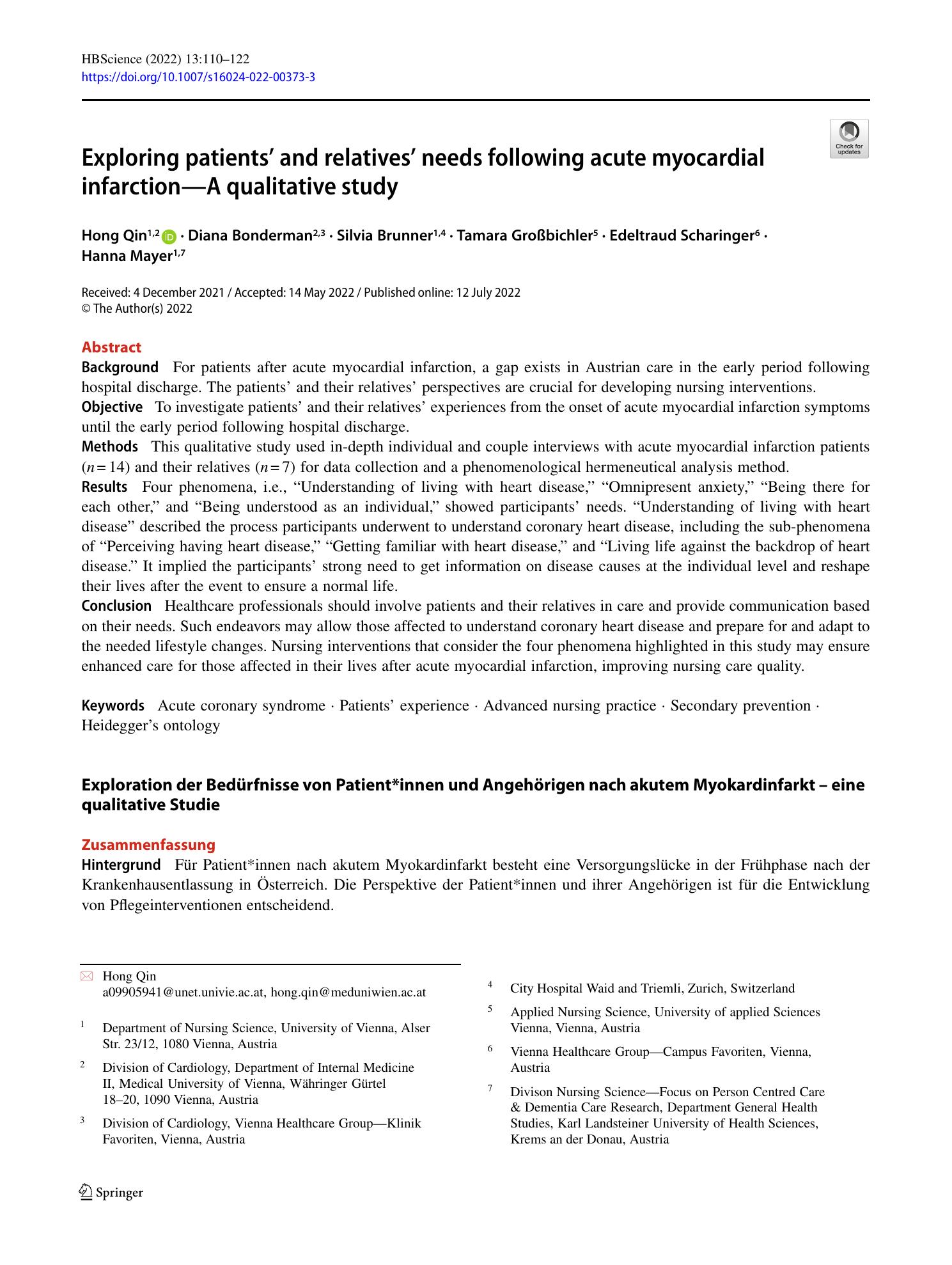 Vorschauseite 1: Exploring patients’ and relatives’ needs following acute myocardial infarction—A qualitative study