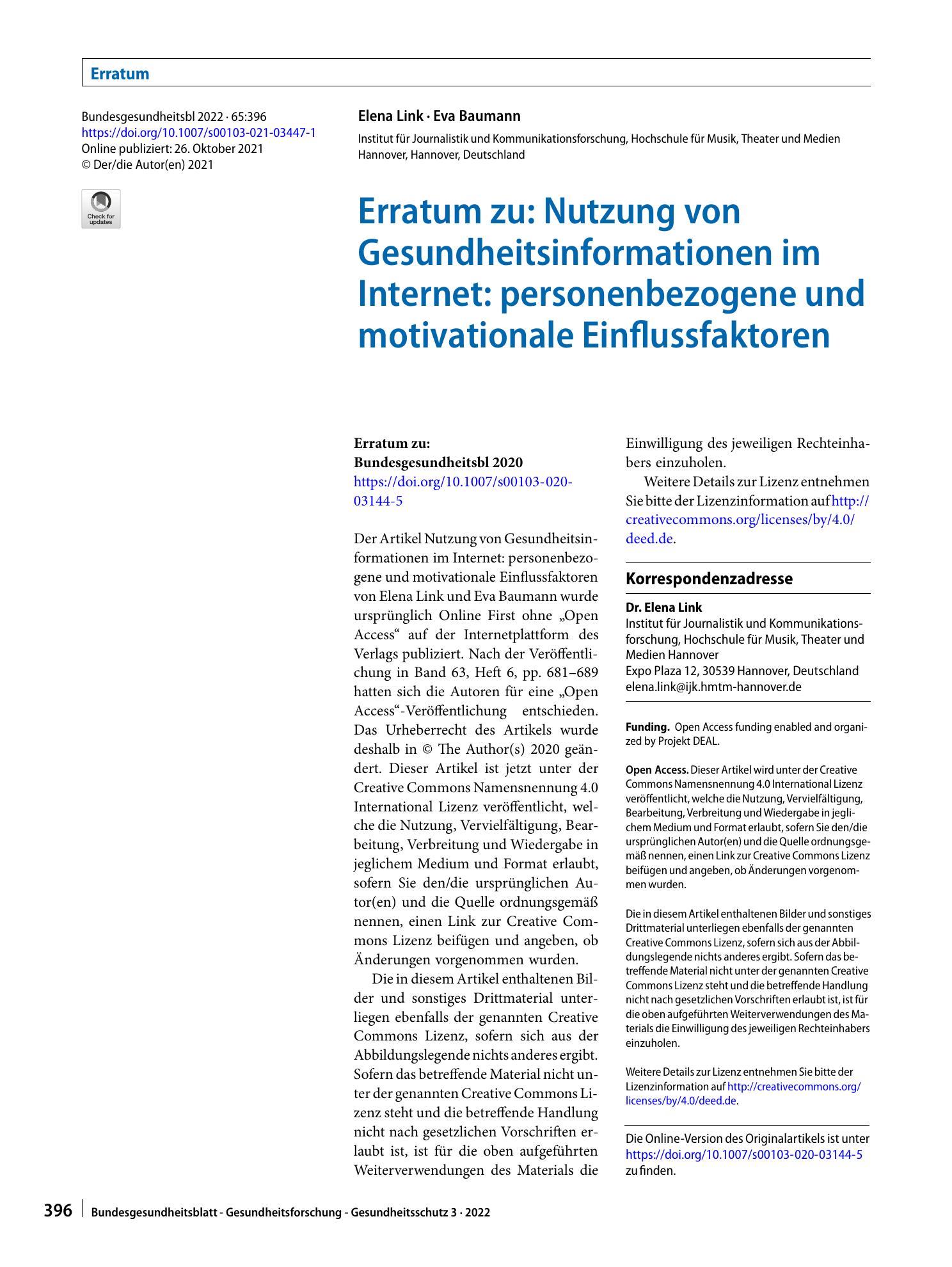 Vorschauseite 1: Erratum zu: Nutzung von Gesundheitsinformationen im Internet: personenbezogene und motivationale Einflussfaktoren