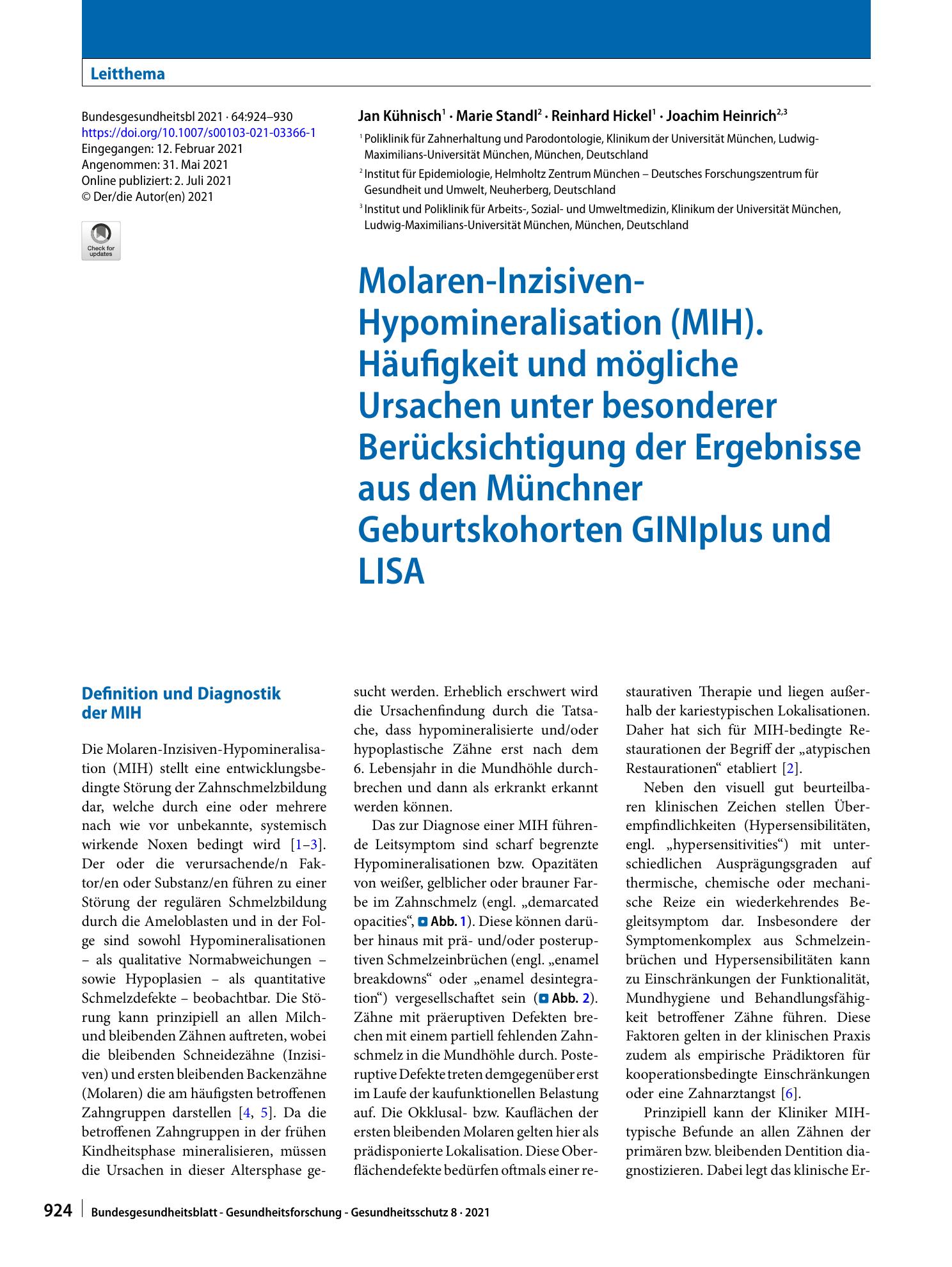 Vorschauseite 1: Molaren-Inzisiven-Hypomineralisation (MIH). Häufigkeit und mögliche Ursachen unter besonderer Berücksichtigung der Ergebnisse aus den Münchner Geburtskohorten GINIplus und LISA