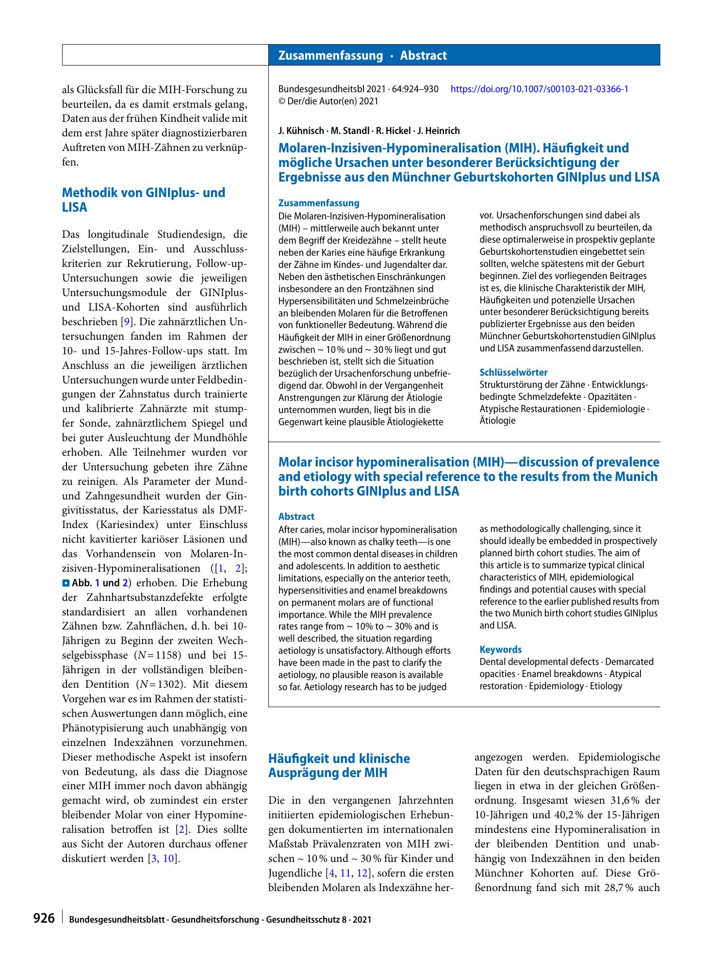 Vorschauseite 3: Molaren-Inzisiven-Hypomineralisation (MIH). Häufigkeit und mögliche Ursachen unter besonderer Berücksichtigung der Ergebnisse aus den Münchner Geburtskohorten GINIplus und LISA
