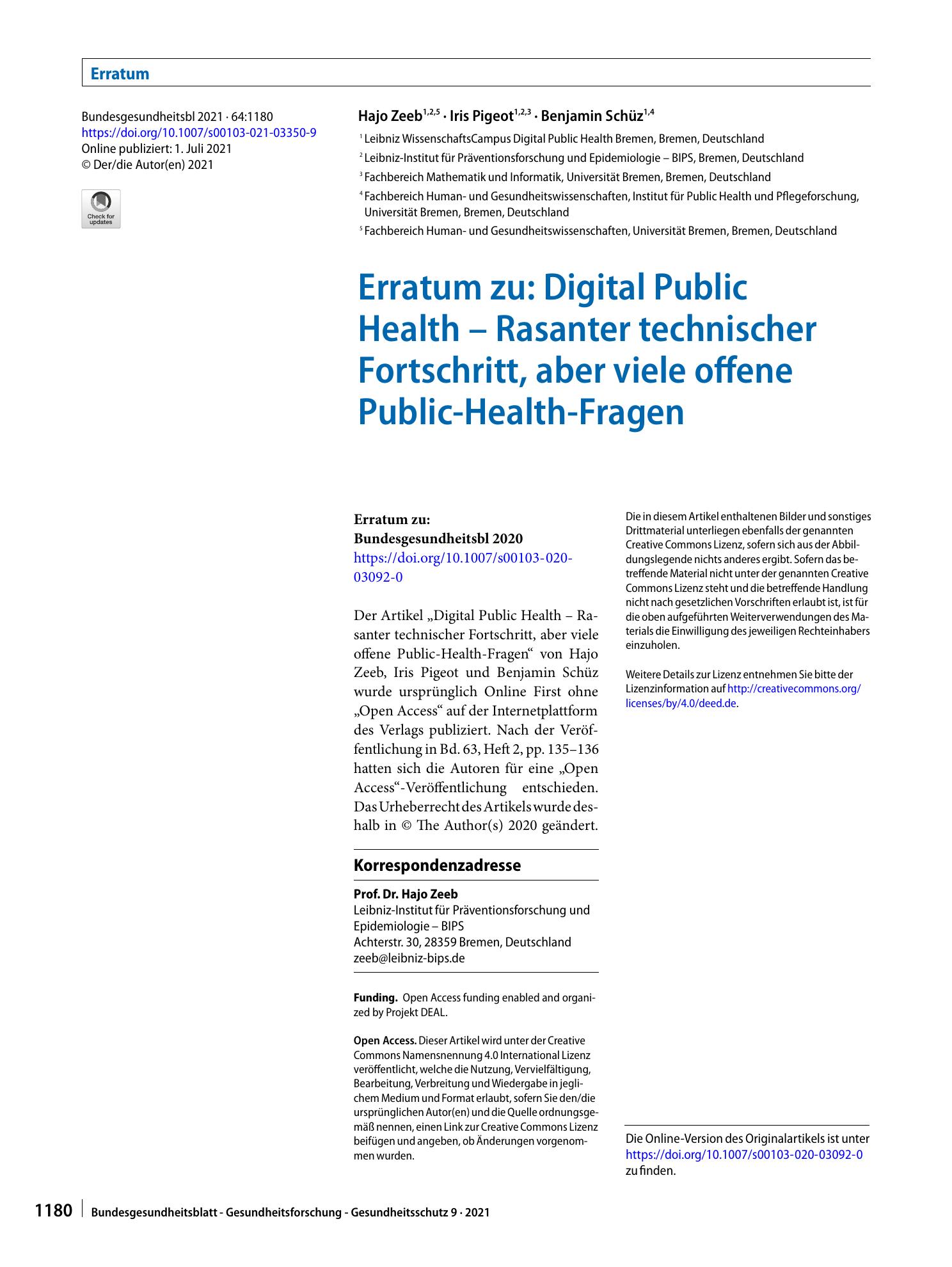 Vorschauseite 1: Erratum zu: Digital Public Health – Rasanter technischer Fortschritt, aber viele offene Public-Health-Fragen