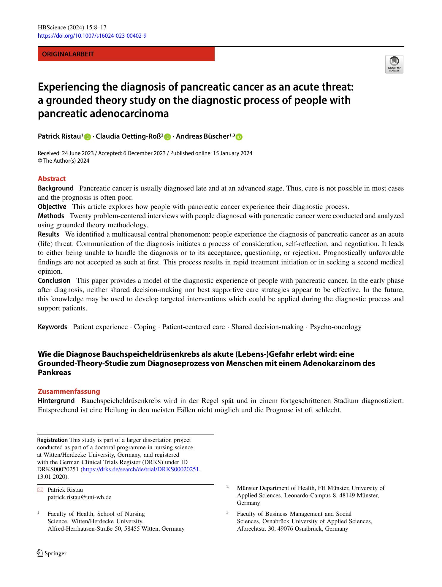 Vorschauseite 1: Experiencing the diagnosis of pancreatic cancer as an acute threat: a grounded theory study on the diagnostic process of people with pancreatic adenocarcinoma