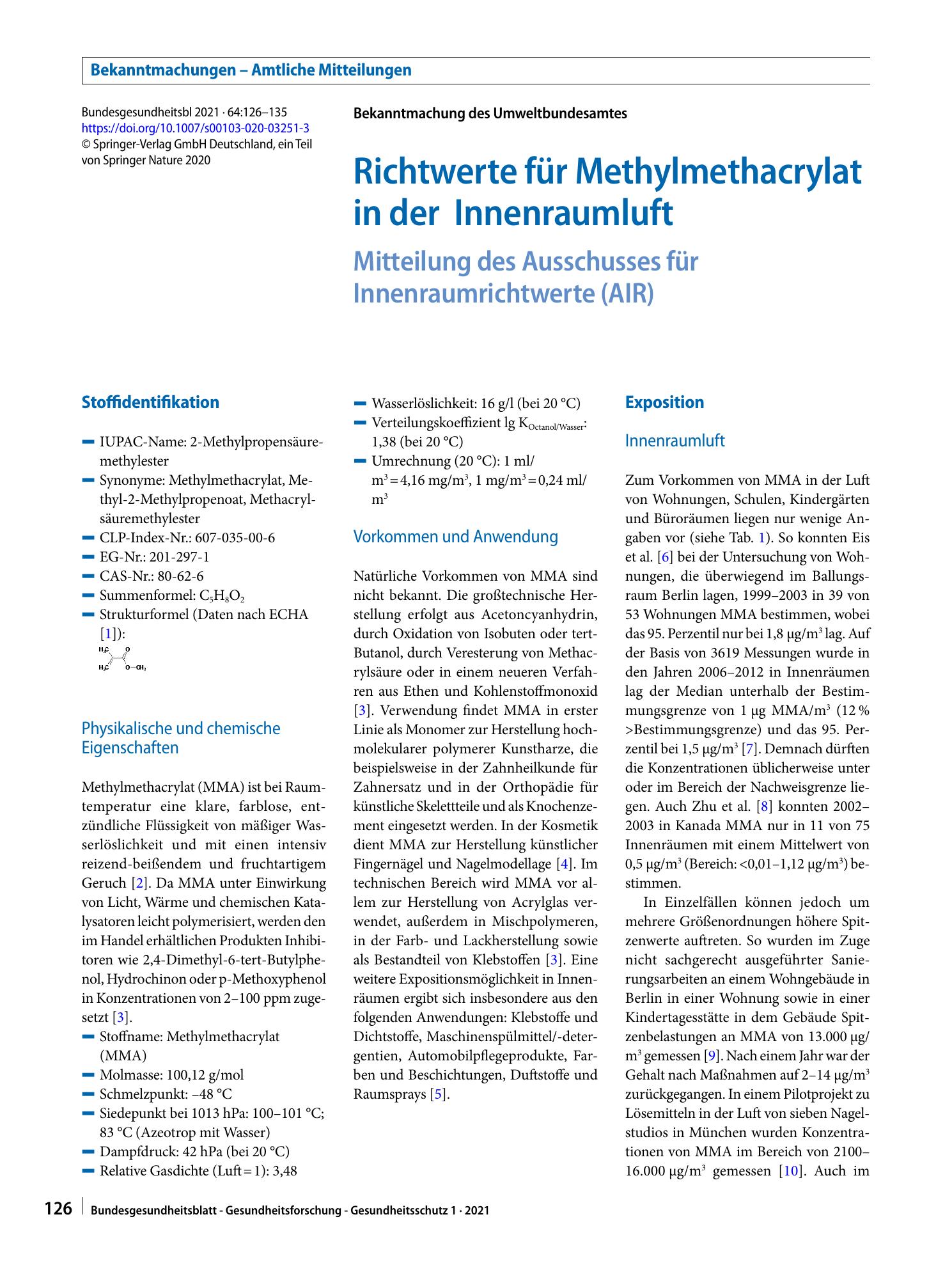 Vorschauseite 1: Richtwerte für Methylmethacrylat in der Innenraumluft