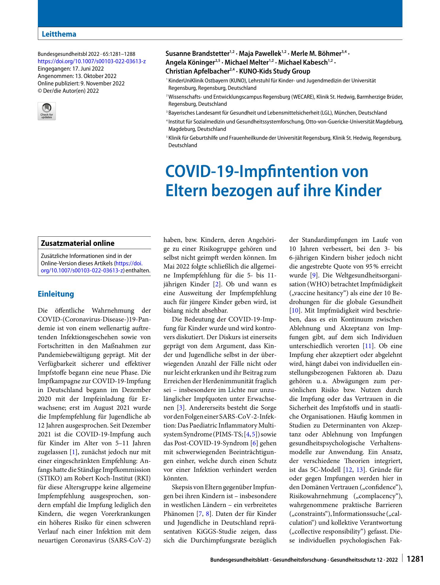 Vorschauseite 1: COVID-19-Impfintention von Eltern bezogen auf ihre Kinder