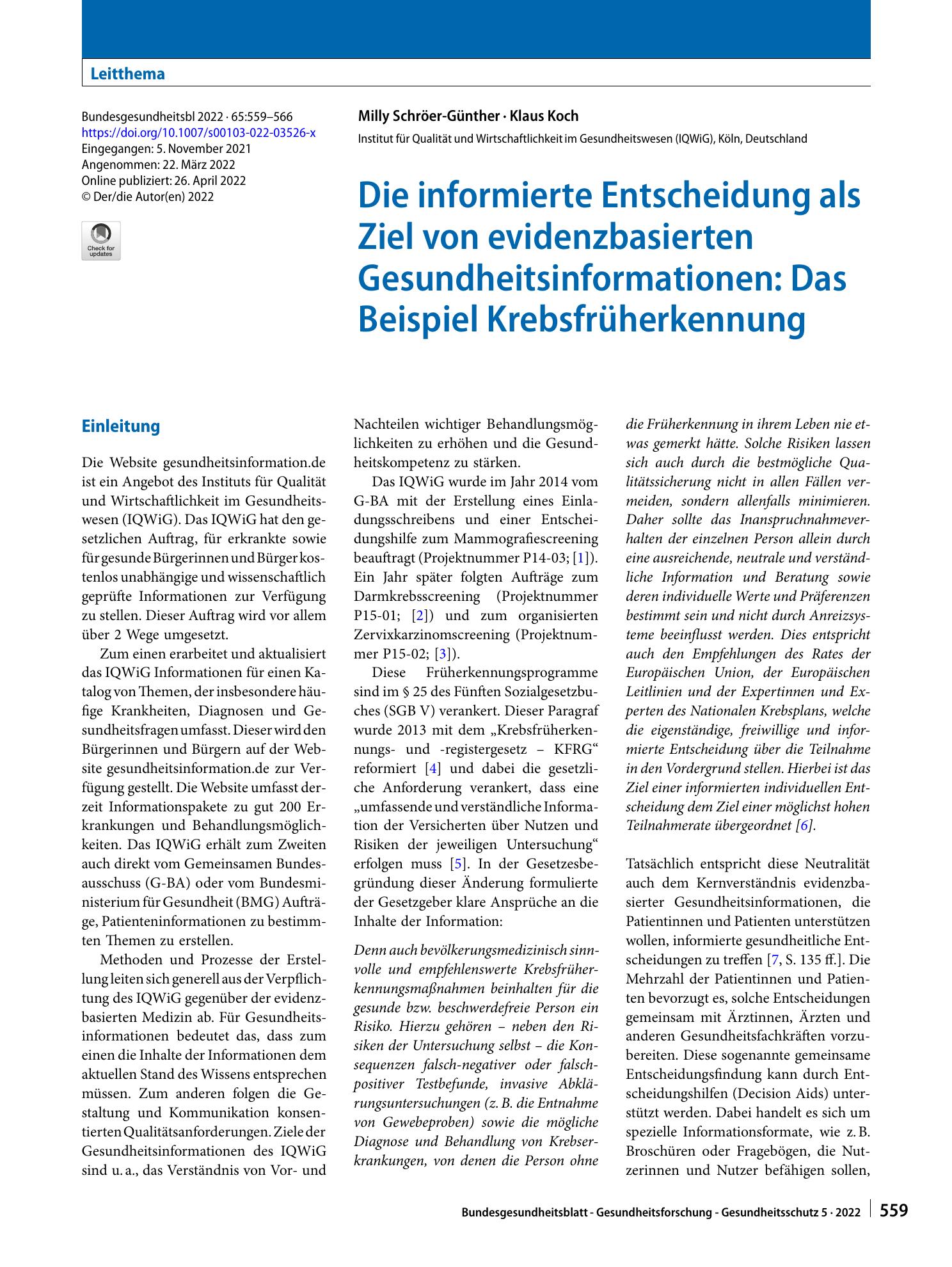Vorschauseite 1: Die informierte Entscheidung als Ziel von evidenzbasierten Gesundheitsinformationen: Das Beispiel Krebsfrüherkennung