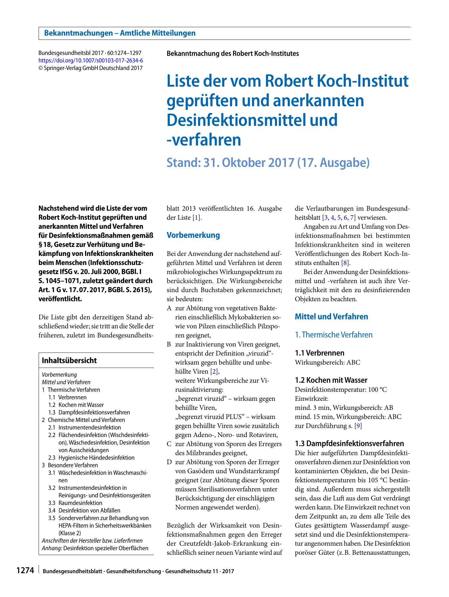 Vorschauseite 1: Liste der vom Robert Koch-Institut geprüften und anerkannten Desinfektionsmittel und -verfahren